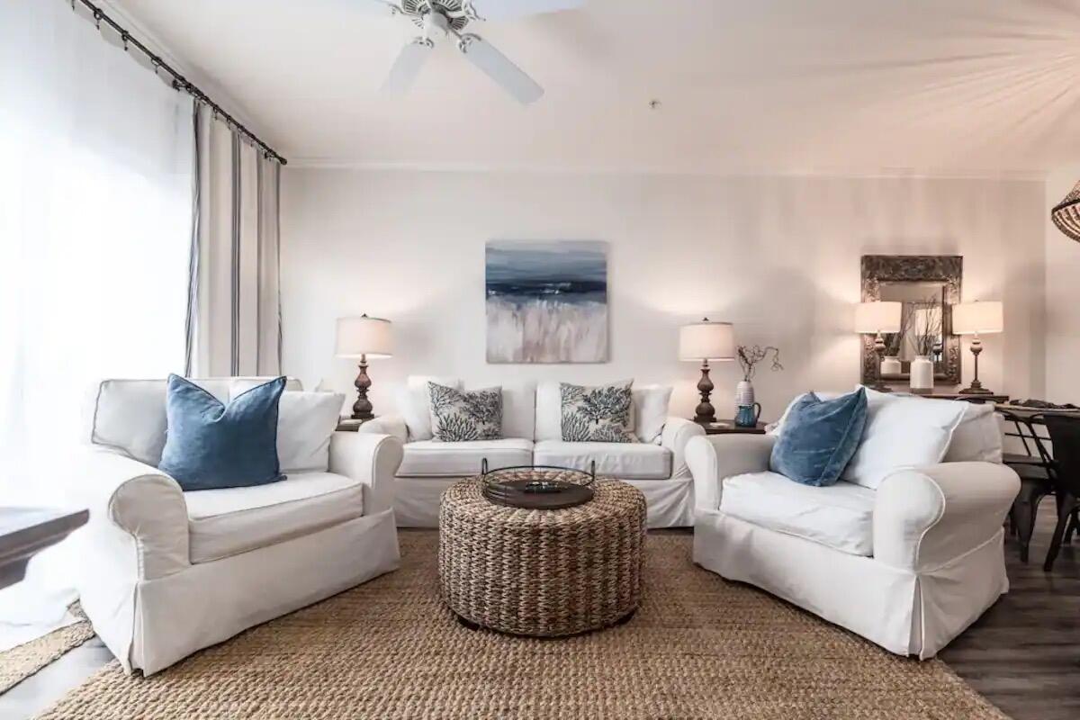 Experience the ultimate in beachside living with this fully updated and remodeled third-floor condo, situated along the famous Scenic Highway 98. This prime location offers easy access to premier shopping, dining options, and the world-renowned sugar sand beach, all within a short stroll. Every aspect of this stunning condo has been upgraded, including new furniture, bedding, smart TVs, stainless steel appliances, and beautifully remodeled bathrooms.The unit boasts 9-foot ceilings, upgraded luxury vinyl plank flooring, and fresh paint, making it rental-ready. The master bathroom has been tastefully updated with granite countertops, new cabinetry, and a luxurious sliding glass shower.