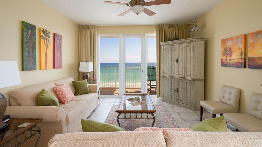 A MUST SEE! Beautifully decorated, well maintained west corner unit, full sized 3 bd/3 ba with tiled floors in living area & 9' ceilings. This condo has been recently redone with new carpet in master bedroom, paint & living room furniture & rug. Fridge, dishwasher & disposal are less than 3 years old. HVAC is 5 yrs old. VERY STRONG RENTAL history ($54,878 RENT INCOME per year average for 2016 & 2017) with repeat guests, on pace to exceed that figure in 2018 This 6th level unit offers MILLION DOLLAR VIEWS of the gulf from the large balcony which has access from the living area as well as the master bedroom. Low density condo complex only 24 units & 120 feet of beachfront feels very private and never crowded. Complex offers many nice amenities such as pool, hot tub, grill & dune walkover.