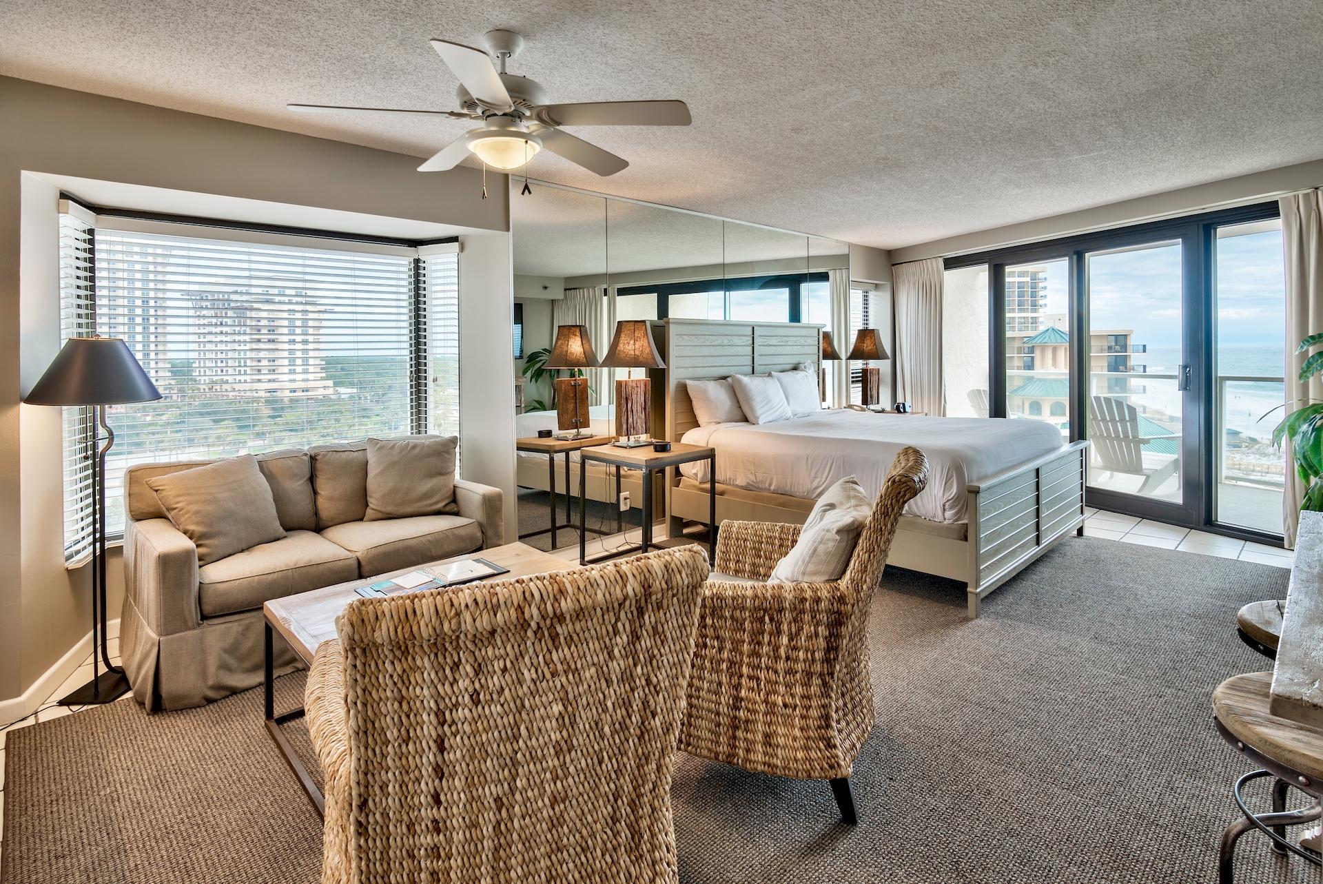 This over-sized gulf front studio lives like a one bedroom and features a full kitchen and two sitting areas. Renovated in a coastal chic style the tile flooring throughout offers easy maintenance and the separate fitted sitting area could also double as extra sleeping space for children. The remodeled kitchen features quartz counters and stainless steel appliances and the bathroom has an updated vanity and newly tiled tub/shower. The large balcony is perfect for enjoying the wonderful gulf views from this 8th floor gem and a washer and dryer and owners storage closet complete the picture. Gulf front studios rarely come to market, especially this larger floor plan.