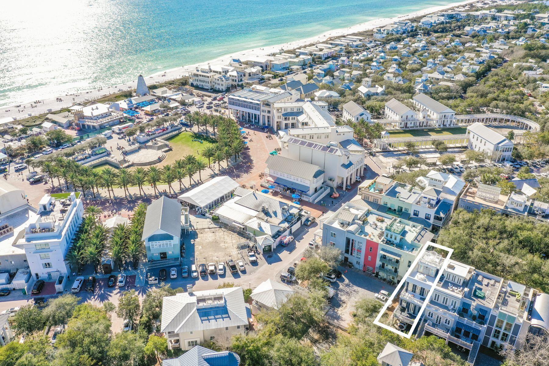 Light-filled rooms, hardwood flooring and multiple balconies offering panoramic views are just a few of the features this rare mixed-use property provides. The property offers limitless commercial/residential potential with currently occupied commercial space on the first level. Just above, three additional floors and a rooftop viewing deck create a unique residential retreat in the heart of Seaside, Florida. From the immaculate open living area on the second floor to the lofty tower balcony, this award-winning home inspires a lifestyle befitting its enviable Seaside, Florida location. On the second floor, Pecky Cypress beamed ceilings and a succession of 12-foot-high floor-to-ceiling windows provide a sense of limitless space in the dining room and sitting area.