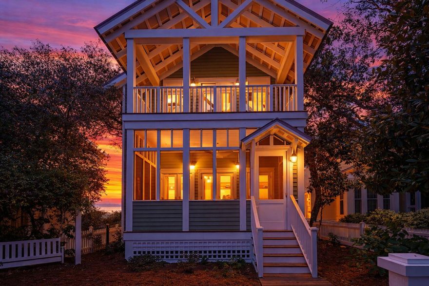 Location location location!! Irish Cottage is located only a 3 minute walk to the beach, is a quick stroll to downtown Seaside, and overlooks the iconic Tupelo Gazebo.  You wont need a golf cart or bikes with a home this close to the beach! This two-story home comfortably sleeps 12 with 2 primary en suite bedrooms, one on each floor! Yes, all 2,674 sq ft is in one large home, allowing the family to stay together instead of split b/w a small house and guest cottage.Scaling Charm into a Spacious Family Retreat:The timeless design created in 2013 by the award winning Tom Christ & Associates reimagined the 5th cottage built in Seaside into a spacious family home retaining its original drive-up charm along with its iconic arbored swing featured in several Seaside coffee table books Be sure to click on the 3D Virtual Tour for an interactive experience of walking through the home at your own pace and seeing exactly how the home flows. Below is a quick reference break down of each floor for your convenience.

First Floor:
- Private Primary Suite on first floor with king bed.
- Office, currently being used as secondary bedroom with Double Bed, single trundle bed underneath, and full bath in adjacent hallway

Second Floor:
- Extra spacious second Primary Suite with king bed and sitting area with private porch.
- Spacious Sleeping Den with 3 queen beds and a sitting area with half bath attached and full bath in adjacent hallway

What the owners LOVE about this home: 

- Within 240 feet of the Tupelo Beach Pavillion
- 2 primary suites with king beds, one on each floor.
- Spacious bedrooms are separated throughout the house to allow for quiet rest from the fun and sun.
- Open floor plan with 9 -10 foot ceilings
- 1st level screened front porch that looks upon Tupelo gazebo
- Private front balcony off 2nd floor primary suite
- Additional private side porch for evening gatherings
- Major Renovation in 2013
- Large walk-in pantry
- Private home, not on the rental market.
- Huge exterior storage closet in rear of home
- Iconic arbored swing featured in Seaside books