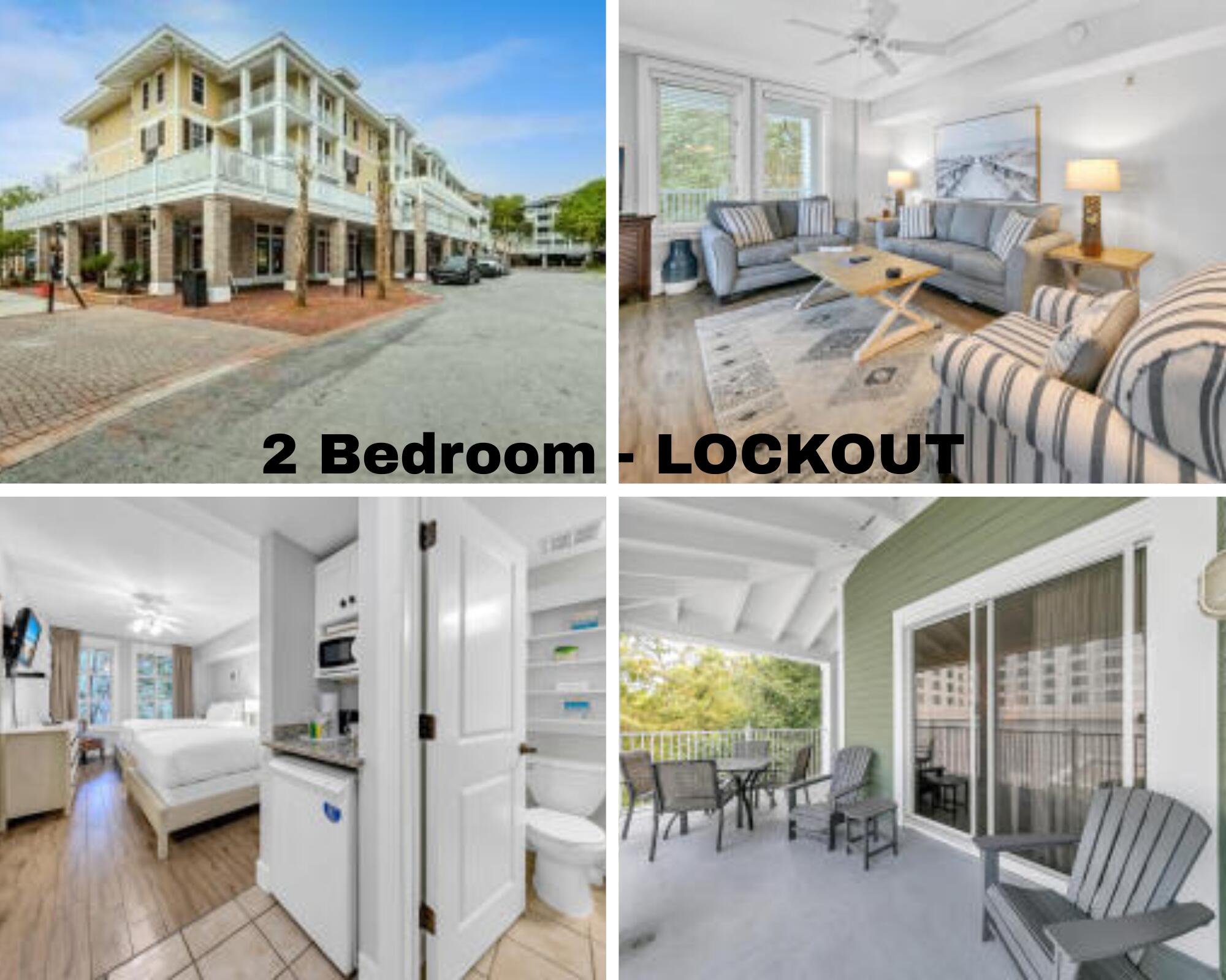 Major Price Adjustment -Nestled in the heart of The Village of Baytowne Wharf, this fully furnished 2-bedroom lock-off condo offers exceptional rental flexibility, allowing it to be rented as either entirely a 2- bedroom , a 1-bedroom unit or a studio. The expansive wrap-around balcony is ideal for both relaxing and entertaining guests. Inside, you'll find elegant, durable luxury vinyl flooring, sleek granite countertops, and an of large windows that flood the space with natural light. Side one features everything you need to comfortably sleep 4 complete with a sleeper sofa. Spacious main bedroom offers a king-size bed. Want to have additional guests? The adjoining studio is equipped with 2 queen beds, a kitchenette, and a full bath. Extra storage is available with a dedicated storage cage, perfect for keeping beach toys and gear. Residents and guests enjoy exclusive access to a resort-style pool, hot tub, grilling area, and fitness center. Sandestin Golf and Beach Resort boasts over seven miles of beautiful beaches and pristine bayfront property. The resort includes four championship golf courses, 15 world-class tennis courts, a 226-slip marina, a fitness center, a spa, and dining experiences from celebrity chefs. Guests can shop, dine, and enjoy various activities in The Village of Baytowne Wharf, a charming pedestrian village within the resort. Residents experience a luxurious lifestyle across 2,400 acres stretching from the beach to the bay. The entire resort is accessible by golf cart or bicycle, with miles of interconnected paths that wind through groves of live oaks, natural lagoons, fountains, man-made lakes, and beautifully landscaped fairways.