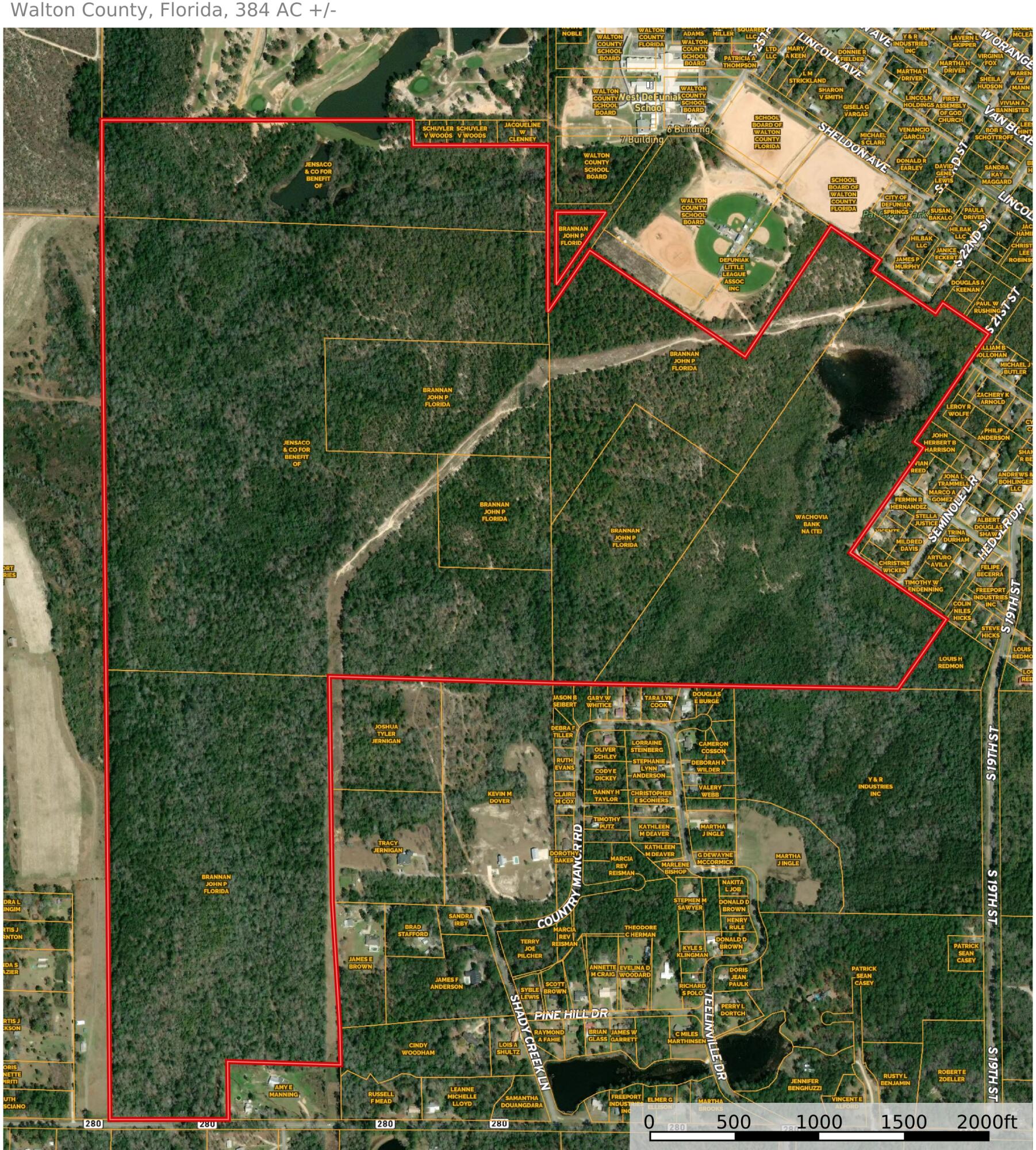 Great development tract in the heart of Defuniak Springs, Florida. 384 acres currently zoned county but city is eager to annex the subject property and re-zone to R2 which allows for 16 units per acre. Subject parcels stretch from Bob Sikes Rd all the way to Eagle Springs golf course, bordering the airport property and city little league fields.