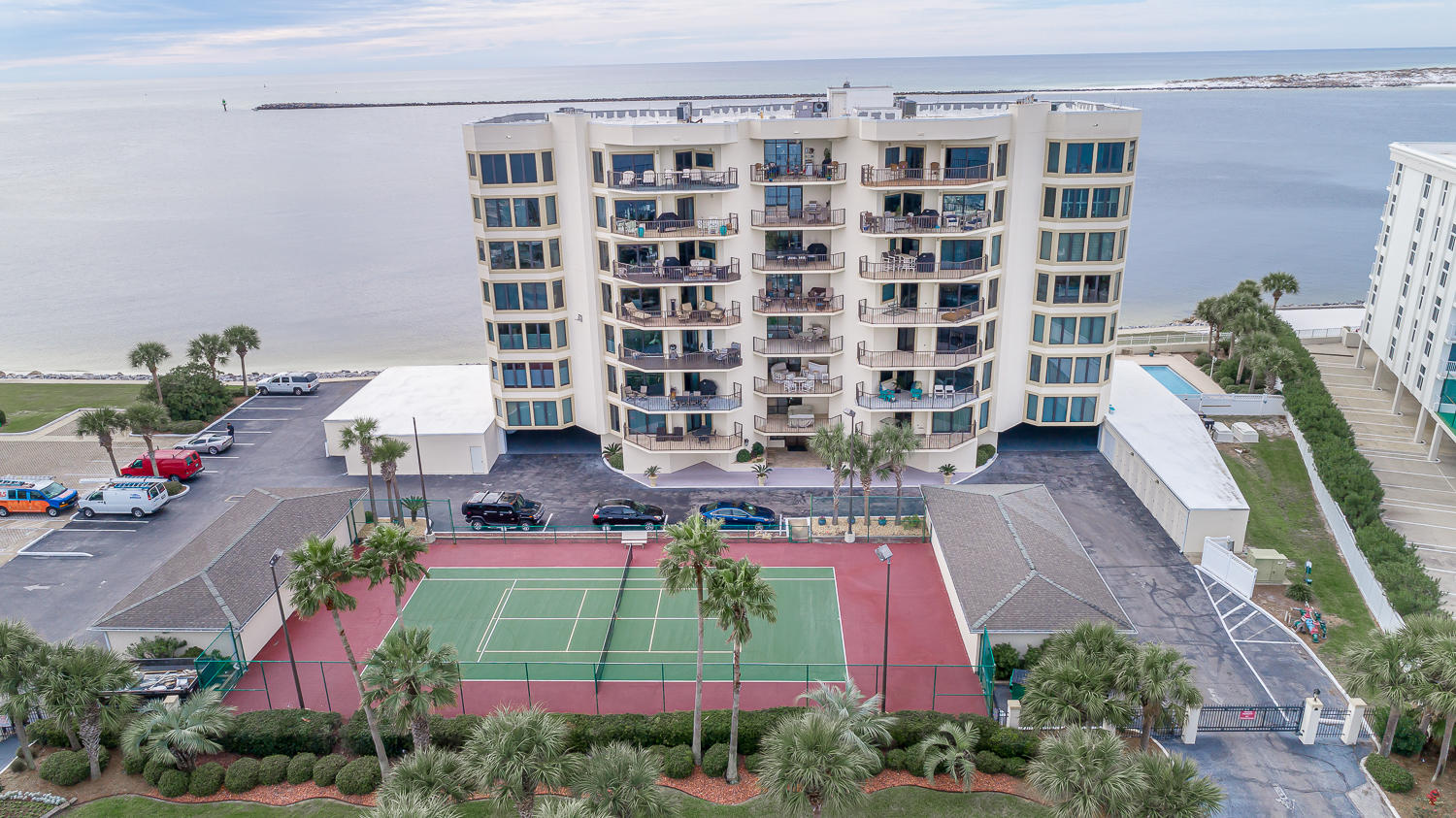 Destin Waterfront/beach living at it's finest. Breathtaking views of the Gulf, Harbor and East Pass. Open floor plan Kitchen, dining and living area. Enjoy magnificent panoramic views of sunrises/sunsets from 2 private covered balconies. Two large master bedroom suites with balcony access. Bonus bunkroom. Boat owners dream, condo conveys with a coveted deep water 18'X45' Boat slip and Breeze boatlift with full access to the Waterview Towers Yacht Club Marina. Condo also has rare deeded enclosed garage, 2 storage rooms, 1 climate controlled. Gated community with a pool, hot tub, fitness rooms, owners room, tennis court. Norriego Point and beach just steps away. Newly remodeled-HVAC, water heater, washer/Dryer, appliances and fixtures. VA approved building. Buyer to verify all info.