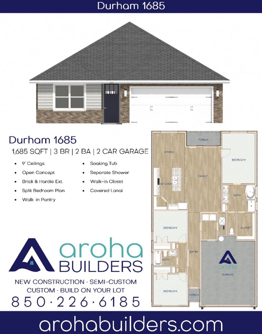 This TO-BE-BUILT 3 bedroom, 2 bathroom home offers 1,685 square feet of modern living in a thoughtful split floor plan. Featuring timeless curb appeal with brick and siding exterior, this home welcomes you with a covered front porch and a two-car garage.Step inside to 9' ceilings and an open-concept living space filled with natural light. The kitchen overlooks the dining and family room and includes a walk-in pantry, sleek cabinetry, and a large center island, perfect for entertaining or everyday living.The private primary suite is tucked away on its own wing and designed for comfort with a soaking tub, separate shower, and a walk-in closet. The two additional bedrooms share a full bath on the opposite side of the home. Enjoy effortless indoor-outdoor living with a covered lanai that extends your living space and allows you to relax and unwind year-round.

Built with quality craftsmanship and smart details throughout, Aroha Builders delivers a home that feels welcoming, functional, and ready to be personalized to your style. Customize finishes or upgrades while there's still time, your future home is waiting!