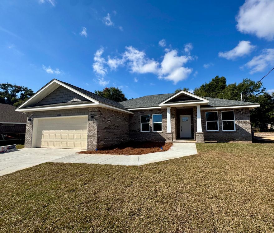 WOW FACTOR ALERT!! BRAND NEW BEAUTIFUL ALL BRICK COTTAGE STYLE HOME.  NO HOA! NO CARPET! LOW INSURANCE!SELLER OFFERING $10K TOWARDS BUYER CLOSING COSTS, PREPAIDS AND/OR RATE BUYDOWNS.KEY FEATURES: KITCHEN: Upgraded Quartz counters, White shaker style wall cabinets & large complimenting black island bar cabinet w/deco accent trims, tiled back splash, glass pendant lights, soft close drawers, Whirlpool SS appliances & Spacious walk-in pantry. LIVING ROOM: Airy & open to kitchen w/ recessed ceiling, crown molding, LED puck lights, Ceiling fan & french doors w/built in blinds to covered back patio.MASTER BR: Trey ceilings, crown, puck LED lights, ceiling fan. MASTER BATH: Upgraded Quartz counters, dual sinks, Lg beautiful custom tiled shower w/seamless glass door &  double shelved walk-in closet.
ADDITIONAL FEATURES: 
PREMIUM LVP floors throughout including Office & Bedrooms. 
24x12 Tile in Bath areas.
Tall covered rear patio, Ceiling fans w/light throughout, Upgraded Hurricane Impact windows, Fabric shield protection on doors, Upgraded Extra Wind Velocity Hurricane Garage Door, Pull down attic ladder, 4 Sabal Palms in front yard, Architectural Shingles, 5-1/4'' Baseboards, Crown in 10 ft. areas, Spacious rear & side yards with privacy fences & gate, Tall wall cabinets and storage closet in Laundry, RUUD HVAC unit, Hall linen closet, Roomy guest bath has Quartz counter, shower/tub combo & linen closet, Double car garage w/Genie auto opener, Extra wide 18' Driveway, 5' Wide entry walkway, Flat textured ceilings, Low-E Windows, Sprinkler System w/Well pump.
Local Established Builder & One year Builder Warranty.
Almost ready within 30 days!
This is a Gorgeous Home and only short drive to beaches, AF Bases & shopping/dining.
Call today for your tour!