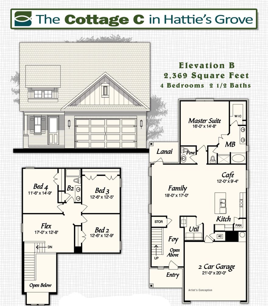 Come see the charming gated community of Hattie's Grove. Every effort was made to preserve the beautiful old hardwoods throughout the neighborhood. This two story cottage has 4 bedrooms with an additional FLEX room upstairs that is huge! From the large open foyer you walk into a large family room that is open to the kitchen and cafe area. The kitchen has a large working island and walk in pantry. The appliances are stainless with a convection oven and convection microwave hood, dishwasher, and disposal. Upgrades include open cell foam insulation, crown molding in main area and master bed, cased windows on first floor, tiled back splash in kitchen, upper and lower cabinets in laundry w/ drop in sink, oily rubbed bronze package & floor outlet in family room.