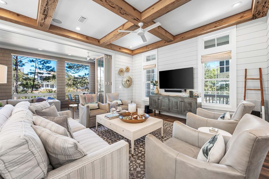 An exquisite coastal sanctuary, this 6BR/6.5BA WaterSound Beach masterpiece offers a harmonious blend of timeless elegance and modern luxury, all with stunning views of the Gulf. Nestled between the serene Yacht Pond and scenic Linear Park, this professionally designed home captures the essence of refined beachside living throughout the over 4,200 square feet of living space. Wide plank reclaimed hardwood floors, elevated wooden beam ceilings, and an abundance of natural light enhance the open-concept design, while a nano wall seamlessly connects indoor and outdoor spaces. The inviting family room extends to a spacious screened porch, complete with a dining area and a cozy fireplace--perfect for embracing the tranquil coastal ambiance. A private jacuzzi on a screened porch provides the ultimate relaxation after sun-soaked days.

The centerpiece of the living area is a gourmet kitchen, adorned with Thermador appliances, custom cabinetry, marble countertops, and Chicago brick inlays, all expertly designed around an expansive island ideal for entertaining. Two primary suites showcase high ceilings, shiplap accents, and spa-inspired ensuites, with one offering private access to a sprawling porch. Three additional guest suites echo the home's coastal charm with bespoke finishes such as wood-paneled ceilings and exposed beams. Upstairs, a custom metal staircase leads to a playful bunk room and study, while the pinnacle featurea majestic towerboasts panoramic gulf views.

An outdoor shower, a two-car garage for beach essentials, and a private gated entry complete this extraordinary residence. WaterSound Beach offers an unparalleled coastal lifestyle, featuring a mile of private pristine shoreline, exclusive community amenities, and close proximity to world-class dining and shopping. This premier offering presents an exceptional sanctuary where luxury meets the laid-back beauty of 30A's renowned coast.
