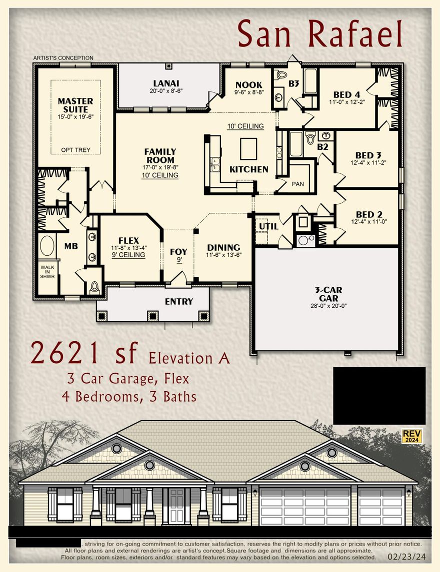 This Plan Features: 2 x 6 Exterior Construction, 3 CAR GARAGE, 4BR/3BA & Flex Rm, Dining & Breakfast Cafe * 10 Ft Ceilings & Laminate Wood Plank Flooring in Main Living Areas * Granite Countertops Kitchen & Baths * Tile Flooring in all Baths* Kitchen: Granite Island, Stainless Steel Appliances & Walk In Pantry * Soft Close Cabinetry * Main Suite w/ Trey Ceiling & Main Bath with Builders Signature Zero Entry Walk in Tile shower w/ 2 Shower Heads, Separate Soaking Tub, Double Vanities & Large Walk-in Closets * Ceiling Fans All Bedrooms, Family Rm & Rear Covered Lanai * Irrigation & more.