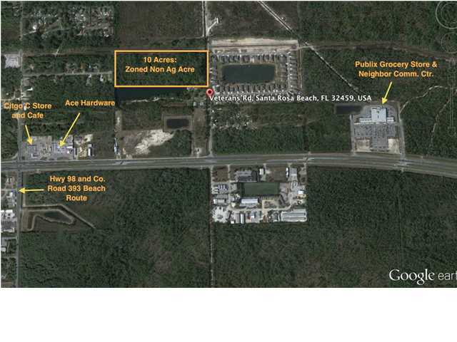 Great opportunity to develop a 10 acre tract of vacant land directly across the street from a recently finished DR Horton project called Whispering Oaks. Property is less than a quarter of a mile to County Road 393 (Beach Corridor to Scenic Route 30-A)that takes you to the Beaches of Gulf Place Village next to the Santa Rosa Beach and Golf Club. Publix Neighborhood Strip Center is 1 mile east of Veterans Road, Walmart is less than 4 miles to the west, and Grayton Beach, Seaside, and Watercolors is less than 10 minutes away.