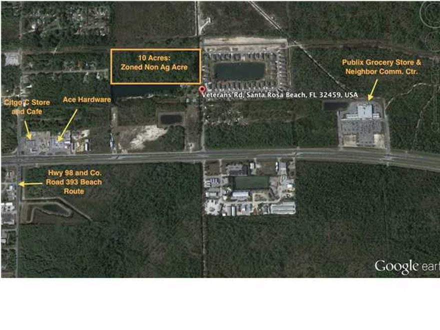 Great opportunity to develop a 10 acre tract of vacant land directly across the street from a recently finished DR Horton project called Whispering Oaks. Property is less than a quarter of a mile to County Road 393 (Beach Corridor to Scenic Route 30-A)that takes you to the Beaches of Gulf Place Village next to the Santa Rosa Beach and Golf Club. Publix Neighborhood Strip Center is 1 mile east of Veterans Road, Walmart is less than 4 miles to the west, and Grayton Beach, Seaside, and Watercolors is less than 10 minutes away.