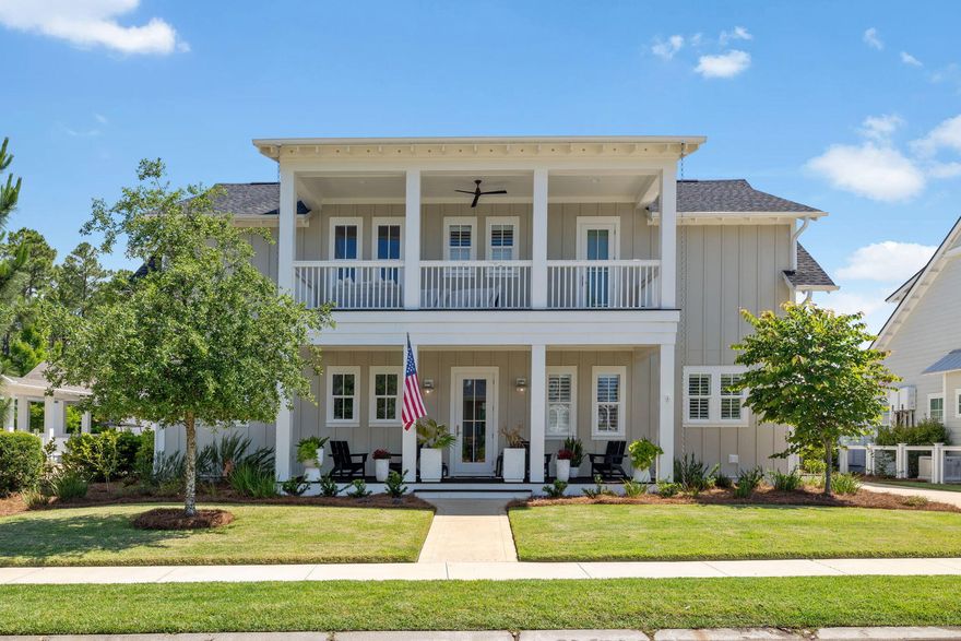 This home sits on one of the most desirable streets in Origins. Over 1,000 sq. ft. of covered outdoor living area that backs to a beautiful pond and pine trees for ultimate privacy. This home features 10 ft. ceilings, hardwood floors throughout, open floor plan, professional grade stainless steel appliances and much more. On the first floor you'll find the owner's suite overlooking the pool, a screened in patio, plus a gorgeous large pavilion with fireplace. Master bath is equipped with dual vanity, garden tub, a separate shower and an expansive custom closet. Three upstairs bedrooms all have their own on-suite bath. The home has a complete home automation system; equipped with speakers throughout, cameras, and temperature control. The two car garage also has heat and air.