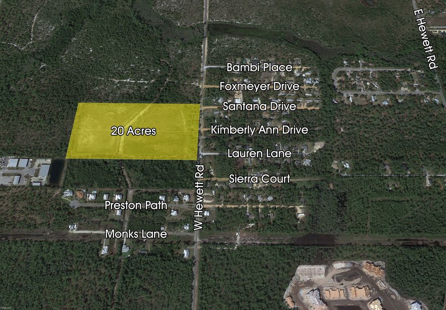 A superb development opportunity in a prime area of Santa Rosa Beach, Florida close to Sacred Heart Hospital, Grand Boulevard, Publix Supermarket, Sandestin, and the neighborhood Wal-Mart store! Surrounded by State Forest on three sides, this premier 20-acre tract is high and dry with a county future land use allowing for a multitude of viable development scenarios! Buyer must verify all information and specifications.