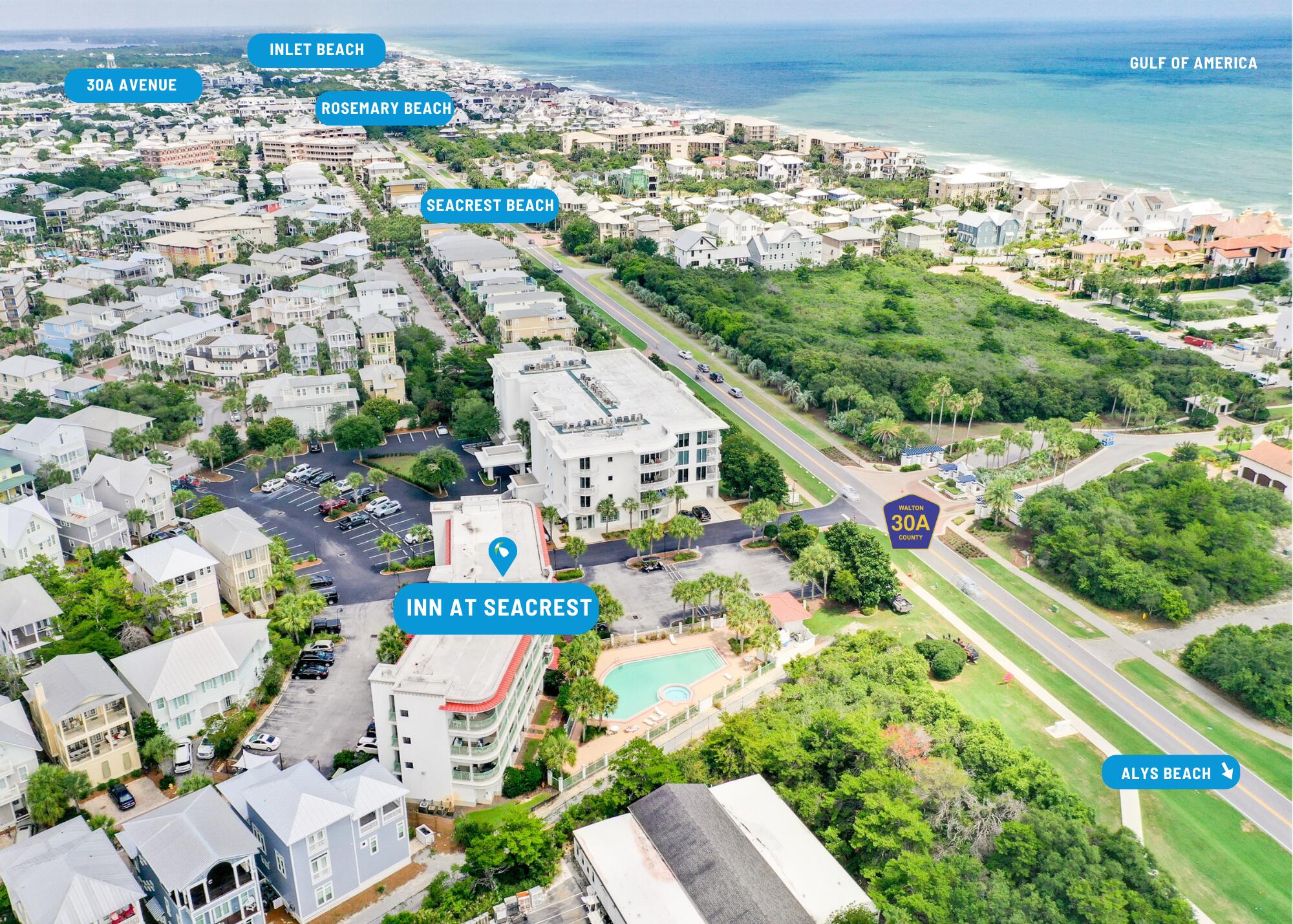 Prime 30A Studio walkable to Seacrest, Rosemary and Alys Beach! Situated between Alys Beach and Rosemary Beach, this studio at The Inn at SeaCrest Beach offers an unbeatable location with walking or bike access to top dining, boutique shopping, and the stunning white sand beaches of 30A. This southwest-facing unit features a private deck overlooking the pool and breathtaking sunset views, making it the perfect place to unwind after a day at the beach. Designed for efficient living, the 325-square-foot studio boasts tile flooring, granite countertops, a full bath, and stylish furnishings for a comfortable and inviting stay. The Inn at SeaCrest offers resort-style amenities, including a community pool, oversized hot tub, on-site laundry facilities, and a beach shuttle to private deeded beach access.. Whether you're searching for a vacation retreat, temporary residence, or rental investment, this fully furnished, rental-ready studio is a fantastic opportunity in a highly desirable location.