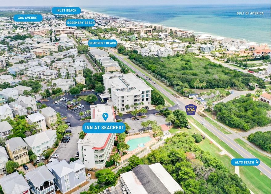 Prime 30A Studio walkable to Seacrest, Rosemary and Alys Beach! Situated between Alys Beach and Rosemary Beach, this studio at The Inn at SeaCrest Beach offers an unbeatable location with walking or bike access to top dining, boutique shopping, and the stunning white sand beaches of 30A. This southwest-facing unit features a private deck overlooking the pool and breathtaking sunset views, making it the perfect place to unwind after a day at the beach. Designed for efficient living, the 325-square-foot studio boasts tile flooring, granite countertops, a full bath, and stylish furnishings for a comfortable and inviting stay. The Inn at SeaCrest offers resort-style amenities, including a community pool, oversized hot tub, on-site laundry facilities, and a beach shuttle to private deeded beach access.. Whether you're searching for a vacation retreat, temporary residence, or rental investment, this fully furnished, rental-ready studio is a fantastic opportunity in a highly desirable location.