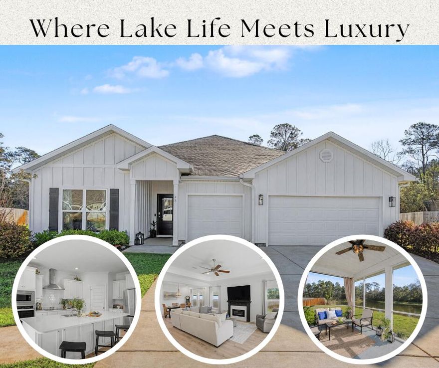 This waterfront estate delivers the space, style, & setting buyers dream about. 4 bedrooms, 3.5 baths, a 3 car garage, & open living designed for gathering & entertaining. The spacious living area flows seamlessly into a beautiful gourmet kitchen with quartz countertops, a large center island with sink, abundant cabinetry, & a corner pantry. The private primary suite offers a generous bath & walk in closet. A separate guest suite features its own bonus living room & private bath. Two additional guest bedrooms near the front of the home share a Jack & Jill bathroom, with the formal dining room just beyond them on the left. EVP flooring, crown molding, & tray ceilings add elegance throughout. Outside you'll find a large patio, peaceful water views, and a stone fire pit perfect for evenings.