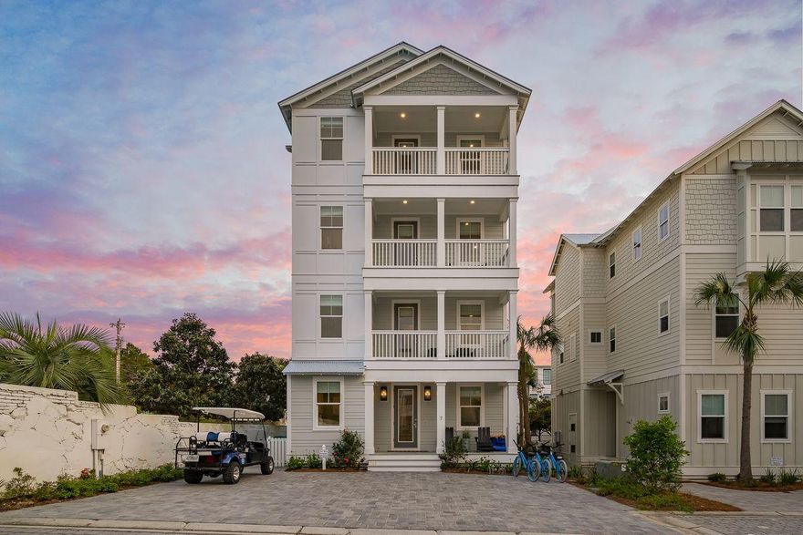 Exemplary coastal design juxtaposed sweeping gulf views characterize this impressive recently constructed custom home masterfully designed and executed by Betterbuilt Homes of Northwest Florida. Primely located on the corner of Mathis Cove and Wall Street, this premier luxury retreat is steps to the beach as well as conveniently located adjacent to a community pool offering a spacious open floor plan as well as a soaring four story vertical footprint. Notable features include a private elevator, five spacious bedroom suites with ensuite bathrooms as well as custom furnishings with designer decor throughout yielding a sophisticated turn-key rental product with $100,000-$120,000+ in projected gross annual income. The open floor plan takes full advantage of this prime location with easy accessibility both from the custom oak staircase and a commercial grade elevator. The first level offers a secondary living/game room with a full sized king suite and ensuite bathroom as well as a private laundry area for optimal convenience. The second floor is a superb inverted design anchoring the primary living areas which include the gorgeous chef's kitchen complete with quartz countertops, custom cabinetry with ample storage and gas appliances. The sizable living room is both cozy and refined complete with beamed ceilings and coastalized oak hardwood flooring centered around a beautiful gas fireplace and directly adjacent to the kitchen & dining area. The second level also offers a full bedroom suite offering gulf views as well as an adjoining full bath. The third level is defined by the master suite which allows excellent gulf view corridors as well as a spa-like master bathroom complete with marble tile flooring, dual vanities, soaking tub and walk-inshower. The third floor also offers an additional guest suite with it's own private bathroom. The fourth story is the pinnacle living space taking full advantage of gulf and sunset vistas offering a flexible indoor/outdoor living area complete with an outdoor summer kitchen as well as a covered sitting area. Inlet Beach is located just adjacent to Rosemary Beach and offers a relaxed lifestyle with close proximity to the ECP International Airport as well as world class shopping, dining, golfing and local entertainment along the pristine white sand beaches of 30A.