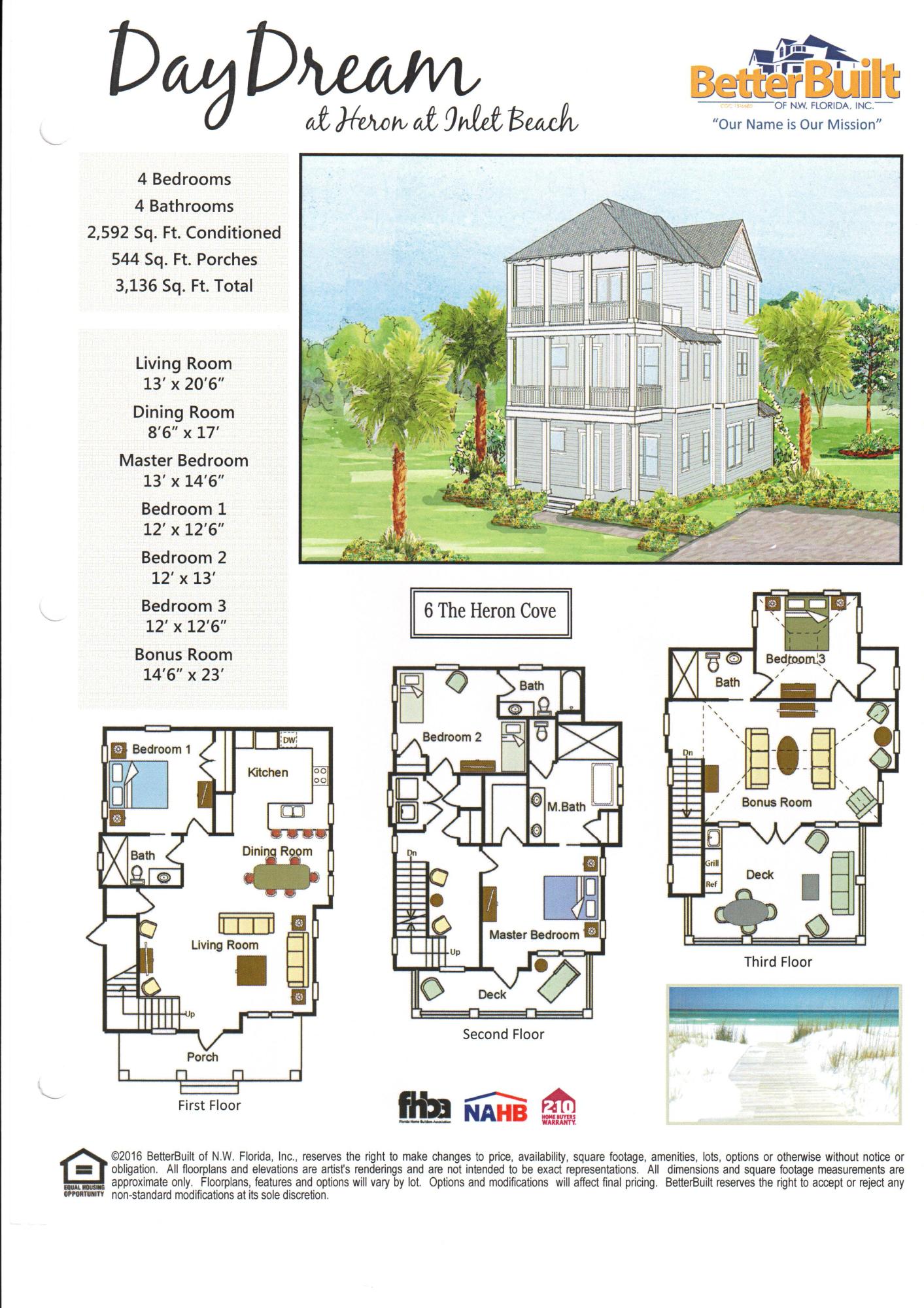 NEW CONSTRUCTION! The Heron at Inlet Beach offers beautiful new homes on a nine site enclave just south of 30A next to Rosemary Beach. This 3 story 4-bedroom home provides open living concept with views of the Gulf of Mexico. Each bedroom has an en-suite bathroom. The kitchen will offer 42' maple wood shaker style cabinets with soft close doors and drawer, granite countertops, tile backsplash and stainless steel appliances. Just a few of the other incredible features this builder offers are JELD-WEN impact-hurricane resistant windows, 2x6 exterior framing, 2-10 home buyers warranty, high speed structure wiring network, Galvalum metal roof and much more. There is a neighborhood pool to enjoy and beach access is just a few steps away. Rosemary Beach is a short bike ride or walk away.