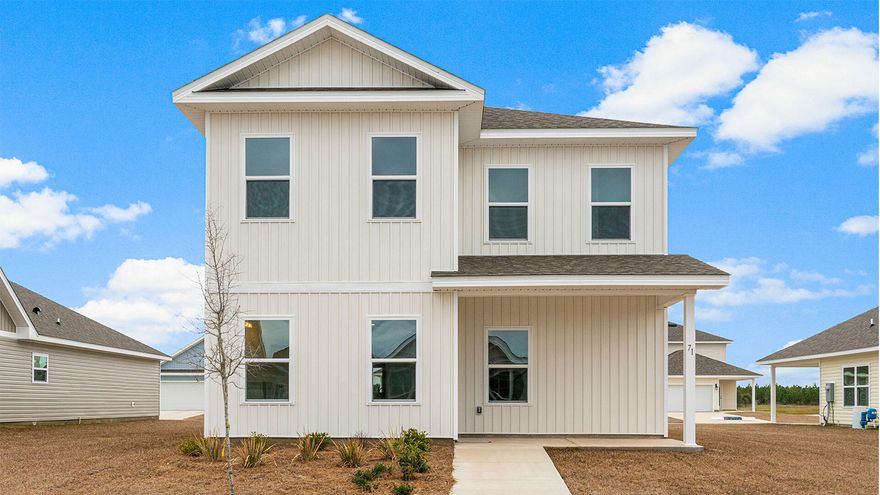 The Owl's Head community is conveniently located off of Highway 331 in Freeport.  We are only 8 miles to Interstate 10, and 16 miles to beautiful beaches and Highway 30 A.  We offer 6 floor plans, 3 and 4 bedrooms.  All homes have rear entry garages.  This community offers a community area with paved walking trails and a spring fed lake. | The Inzer is a 2 story 4 bedroom, 2 1/2 bathroom home.  The primary bedroom is on the first level. 3 bedrooms are on the second floor with a flex space.  This home offers a Front and back covered porches. This home has a half bath downstairs, that is perfect for guests.