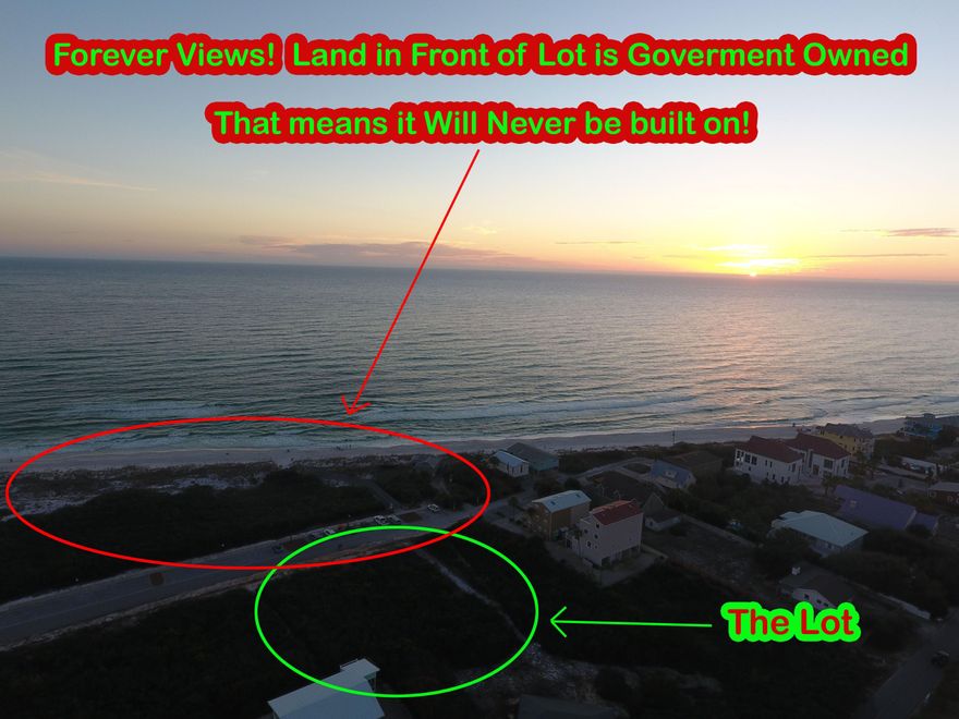 FOREVER PANORAMIC GULF VIEWS! Enjoy overlooking the Gulf, views over the state park land, a large lot, and immediate beach access! X-Flood Zone means flood insurance is optional and very inexpensive. A lot like this is extremely rare and an owner can enjoy custom building on their own schedule. Since this lot is feet from the gulf but sitting behind the street and corner of the park greenery, this lot is AS CLOSE TO GULF FRONT as it gets! Save huge $$ and time without having the same red tape as building beach front. 1/4 Acre. No Buildout time or association fees. Build an incredible home or vacation home in Inlet Beach - One's of 30A's fastest growing areas and walking distance to Rosemary Beach and restaurants in 30Avenue and Donut Hole