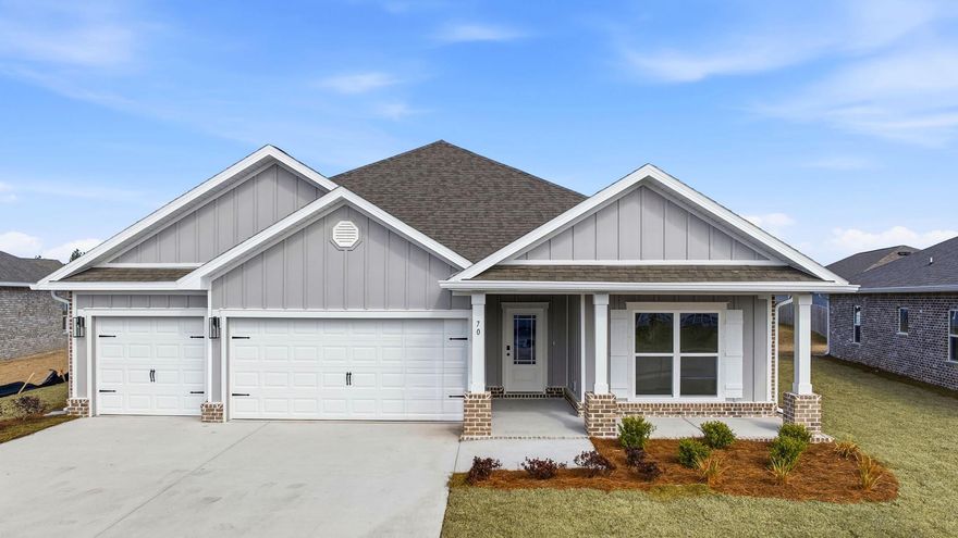 Welcome to 180 Farm Owl Drive, a new home under construction at Owl's Head Farms in Freeport Florida. As you enter this floorplan, you are immediately drawn into the expansive great room, where the open concept design showcases 9' ceilings with additional tray ceilings in the open living room.  As you enter the open living space there is an appointed dining room allows for a formal dining option. The kitchen is designed with an open concept and features elegant quartz countertops with white cabinetry to complement. A tile backsplash finishes out this space along with matte black plumbing fixtures.