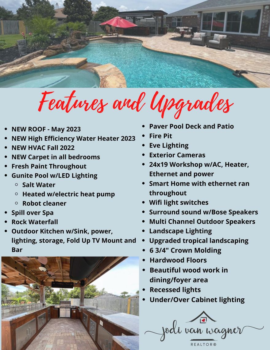 AMAZING! Entertainers Dream! That's the best way to describe this home in East Navarre!! So many upgrades and features that I highly recommend you check out the features sheet in the photos section. This 1-Owner home has been meticulously cared for, as you will see from the moment you arrive. From the 8' Double Entry front doors, to the 10' ceilings w/6 3/4'' crown molding, wood casings on archways/doorways & gorgeous wood floors. Boasting 4 spacious bedrooms, 3 baths (1 being a jack & jill), 2 dining areas in addition to a breakfast bar and a flex room that is perfect for a home office. The Backyard will mesmerize you as it features a Gunite Salt Water POOL w/Spill over Spa, Rock waterfall, Outdoor Kitchen w/TV mount, Bar top, Fire pit area and 24x19 Workshop w/AC/Heat and Ethernet! The owner has spared no expense on ensuring this home has it all, from cozy nights with the family telling stories around the fire pit, to being "The Place" all your friends and family want to come and gather. You will definitely be the favorite "home" on the block for all things social! The backyard is a true tropical oasis! From the tropical landscaping, landscape lighting, outdoor speakers, multiple seating areas, one of the best outdoor kitchen setups I have seen with ample power, water, storage and more! There is a large TV mount in the ceiling so you can catch the game on the big screen. 

The workshop is very spacious, offering the AC/Heat, power and wired for internet as well. The home has exterior cameras all around, and they will convey (minus the ring cameras). The heated and cooled 400sf Florida room is inclusive of the homes square footage as well, and makes a perfect additional living space. Again, be sure to check out the Features Page for all the fine details of this gorgeous home! Better yet, contact me today to set up a tour of this gorgeous home!