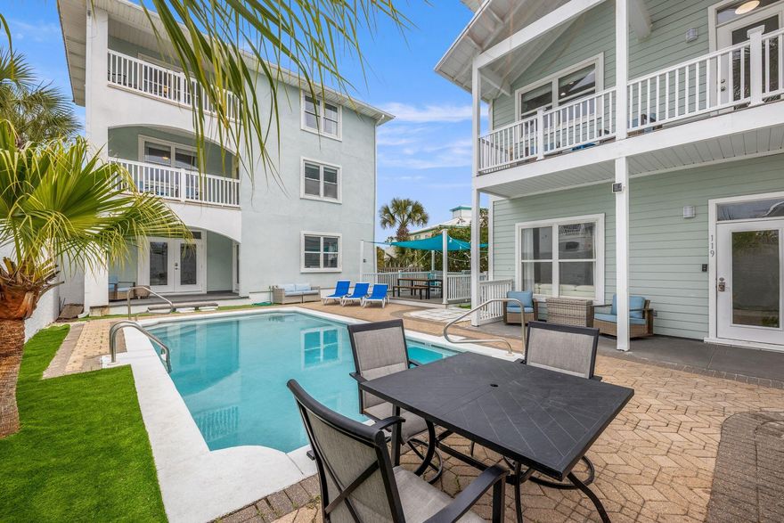 Exceptional investment opportunity on the west end of Panama City Beach, located just one block from Beach Access 93. This unique offering includes two separate three-story homes positioned in an estate-style layout, centered around a private pool and shared outdoor entertaining space. The property is being sold as one parcel and includes a 1,818 sq ft home and a 2,046 sq ft home, totaling 3,864 sq ft under roof. Both homes are fully furnished and turnkey, with strong short-term rental history and consistent occupancy. Combined, the property comfortably accommodates over 22 guests, making it ideal for large groups and maximizing rental income potential. Actual rental figures available upon request. Each home features updated bathrooms, modern fixtures, and multiple living areas designed  for guest comfort. The second and third floors offer Gulf views with no obstructed sightlines, a rare feature for this proximity to the beach. No HOA and short-term rentals are allowed, providing flexibility for both investors and personal use. The outdoor space is designed for entertaining, with ample room for grilling, gathering, and enjoying the private pool that separates the two residences. Positioned on the desirable west end of PCB, this property offers easy access to the beach, dining, and local attractions while maintaining a more private, residential feel.
