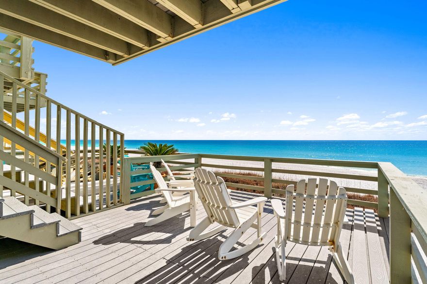 Rarely does an opportunity like this come along in Miramar Beach--an exclusive Gulf-front retreat with only six owners and private, deeded beach ownership extending all the way to the waterline. Enjoy direct beach access and sweeping Gulf views from this beautifully updated three-story vacation home offering nearly 1,700 square feet of thoughtfully designed living space. With four spacious decks overlooking the emerald waters, this residence features three large bedroom suites, three and a half baths, and room for everyone to relax in comfort. Professionally decorated in soothing coastal tones, the home is being sold fully furnished with high-end rental furnishings and premium appliances--making it truly turnkey for personal enjoyment or investment potential. Private. Gulf-front. Turnkey. The first level includes a fun-filled game room with a ping pong table, adjoining a private third bedroom suite and opening to a generous deck. The main living level is ideal for gathering, featuring an open-concept living and dining area, a covered Gulf-front deck with grill, and private steps leading directly to the sand. Upstairs, two additional bedroom suites provide peaceful retreats, each with access to yet another deck showcasing panoramic Gulf views.With no elevators and no crowds, you can step straight from your back door onto your own quiet stretch of beach--even during peak season. The nearest public access is far enough away to maintain privacy and tranquility. Additional conveniences include front-door parking for two vehicles and an attached one-car garage.

Perfectly positioned along the scenic 6.5-mile stretch of Scenic Gulf Drive--golf cart friendly and lined with bike and walking paths--you're minutes from waterfront dining, live music, and coastal boutiques. Enjoy world-class shopping and entertainment at Silver Sands Premium Outlets, Sandestin Golf and Beach Resort, and Destin Commons, offering designer shopping, outdoor concerts, fishing, golf, tennis, and family-friendly activities.

 An exceptional coastal investment and an even better place to call your own. Property sold AS-IS