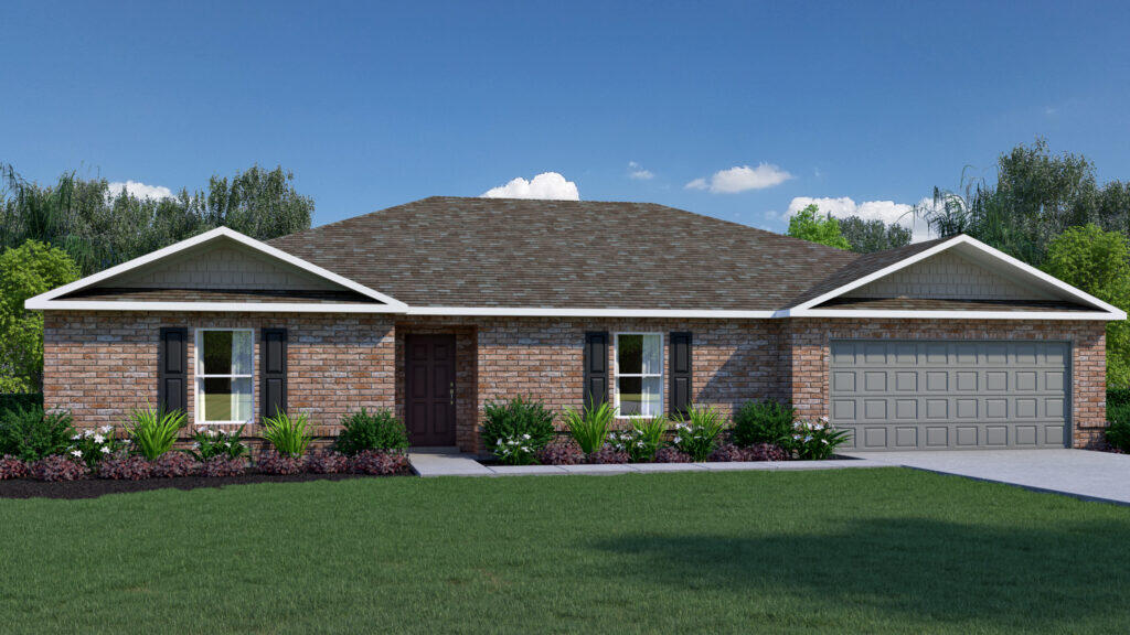 Monroe Model features 4 bedrooms, a den, 2 bathrooms, and a 2-car garage. As you approach, you'll be greeted by a beautifully sodded lawn and charming landscaping lining the walkway, adding to the home's inviting curb appeal. Step inside to find a bright and airy foyer, where a spacious guest bedroom sits to one side and a versatile den on the other--perfect for a home office or flex space. Moving forward, you'll enter the open-concept living area, seamlessly combining the great room, dining area, and modern kitchen, ideal for entertaining. Adjacent to the great room, two additional guest bedrooms and a full bathroom provide comfort and privacy for family or visitors. Tucked away off the dining area, the owner's suite offers a private retreat.