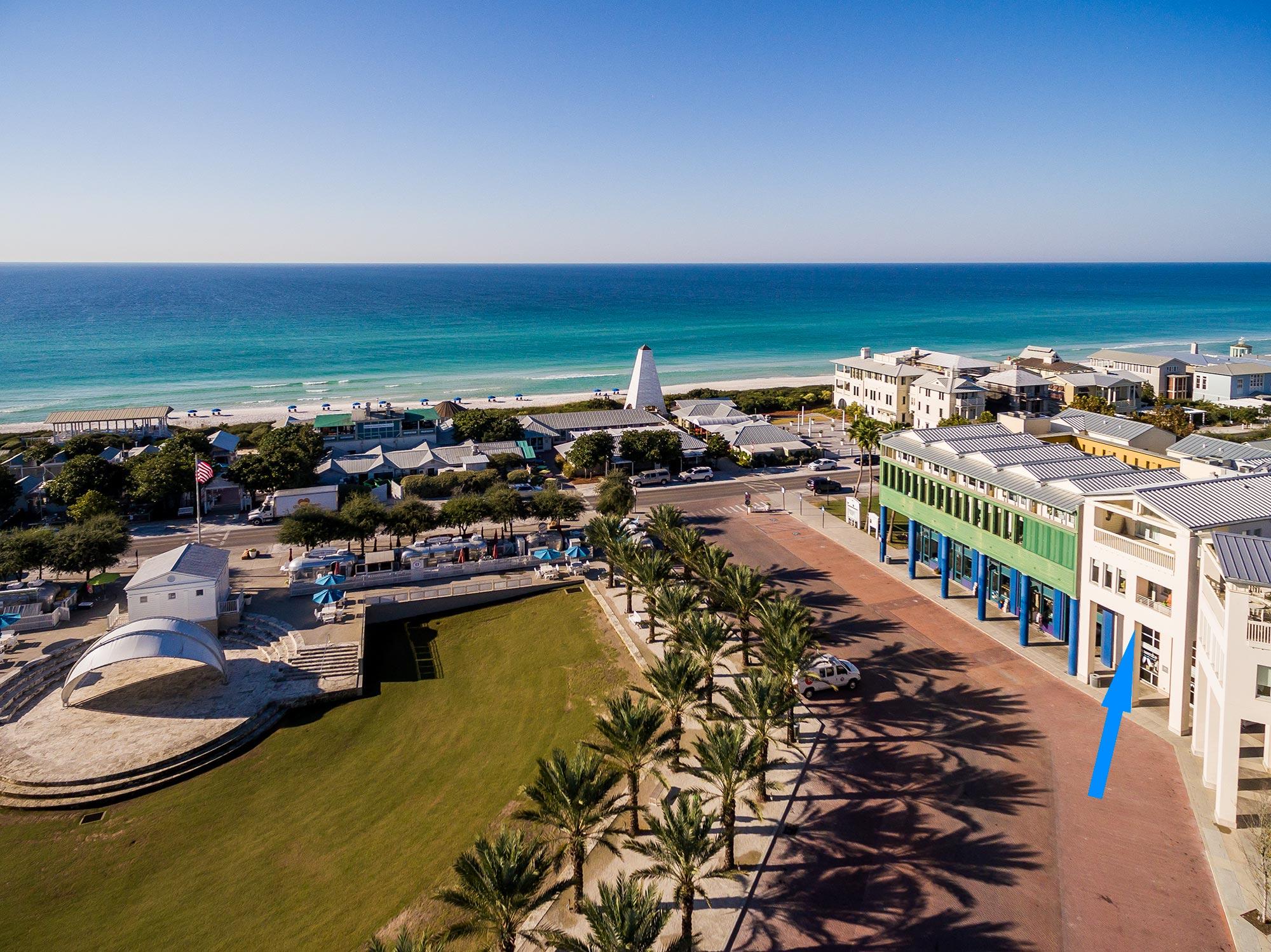 This is a remarkably unique property and a wonderful opportunity to own in the heart of Seaside! Talk about having a 360 view; the Lyceum Building overlooks the Town Square and the Gulf of Mexico to the front and the Town of Seaside and Neighborhood School to the rear. A semi private elevator drops you directly into the fully renovated unit, where no detail has been overlooked. As you exit the elevator. you are greeted with soaring ceilings, a one of a kind, angled wall and a memorable, fun and funky color scheme that is sure to have your guests raving! The open concept floorplan offers a gourmet kitchen with Wolf Appliances and painted mahogany cabinets, a sprawling living room with three sitting areas and an expansive view of Seaside and the Gulf that can't be beat!