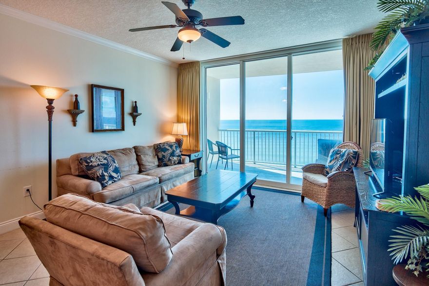 Here is your opportunity for a great Gulf front unit on the desirable west end of Panama City Beach. Unit 802 is a fantastic fully furnished 3-bedroom, 3-bath unit with a Gulf front master bedroom & large private balcony. This is an excellent turn-key unit with established rental income at the highly popular Palazzo Resort. Tile floor extends throughout the unit for easy beach maintenance. With floor to ceiling glass sliders, raised ceilings and an open floor plan, the unit is bright, welcoming, and the perfect beach front condo for vacation rental or full time living! Three bedrooms & three full baths offer plenty of space. Palazzo features 4 floors of convenient parking beneath the building, giving this unit a 12th floor elevation. Relax on the private balcony & enjoy spectacular views!