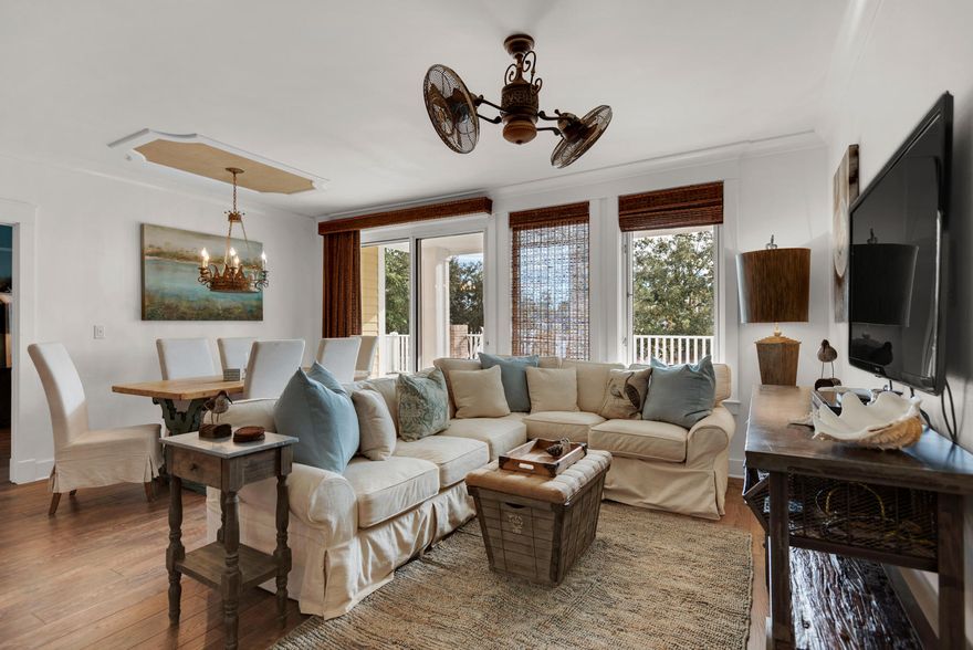 Step into this truly extraordinary one-of-a-kind lock-out condo in the most coveted spot in the heart of the Baytowne Wharf Village. Coastal comfort is yours in this A rated designer updated 2/bedroom 2/bath condo. Attention to detail abounds with unique lighting and all furnishings included. Tastefully upgraded from top to bottom including high-end distressed Oak wood-look flooring, custom blinds, and a large open layout with coastal chic decor. The kitchen has beautiful custom cabinetry, granite counter-tops, breakfast bar, and high-end Viking stainless steel appliances. The master bedroom has a king size bed, a customized en suite bath with a granite double vanity, large walk-in spa shower, and separate soaking tub with a beautiful designer tile surround.