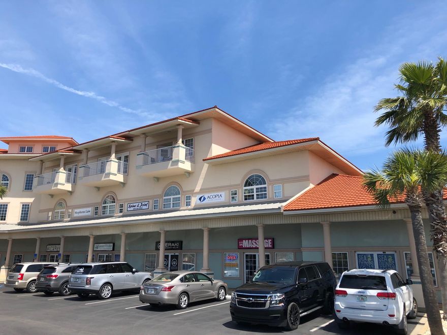 Professional office space located in east Destin on the 2nd floor of the The Plaza. This 1427 SF unit has tremendous natural light entering the space. The unit has a dedicated reception area, 5 large offices, one restroom, one kitchenette. I'm told there are Fiber Optic lines running into the unit for high speed internet. The space is conveniently located near a rear stairwell & rear parking. The building has a nice lobby, internal stairs as well as an elevator. The lobby has a directory for all tenants in the building. Additionally, there is an option to have signage facing highway 98 on the building as well as a position on the pylon sign for a minimal monthly cost. The rent is $14/SF base rent + $323/ month Association Dues + $80/month Property Taxes + Sales tax = $2200/month.
