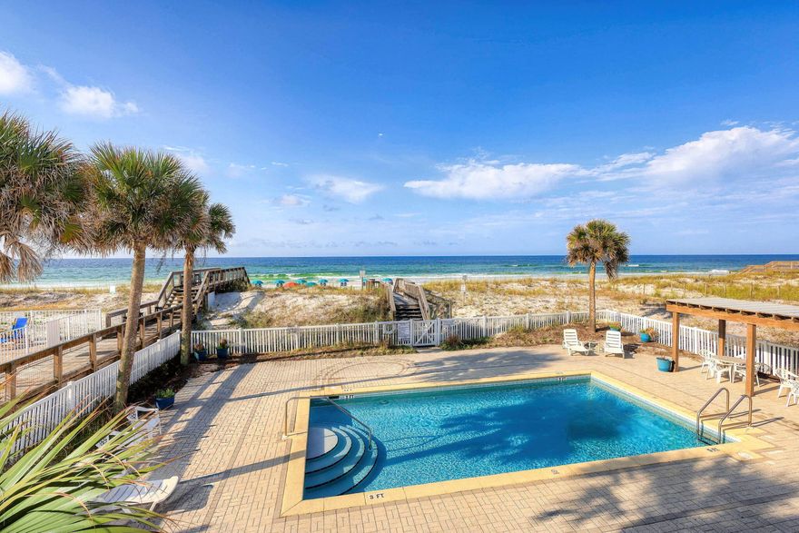 OPEN HOUSE ON 4/21 AND 4/22 FROM 10AM-3PM! PLEASE STOP BY TO LOOK AT THIS AMAZING UNIT! Have you been looking for a Gulf front, corner unit, in a small private complex???? Well look no further! Veranda only has 9 units, which means the pool will never be crowded and the atmosphere is very laid back; and still has an elevator for convenience! The bathroom has been fully remodeled and has a brand new washer and dryer as well as new ceiling fans. Unit 101 is actually on the second floor, which means you don't have a sand dune blocking your Gulf views! You can still witness stunning sunrises and sunsets from your balcony. Thanks to built in hallway bunks, you can sleep up to 6 in this unit!  It also comes with deeded beach access, meaning the Gulf of Mexico is your private backyard. Over $40,000+ projected for vacation rental income for 2024 already. Schedule your showin