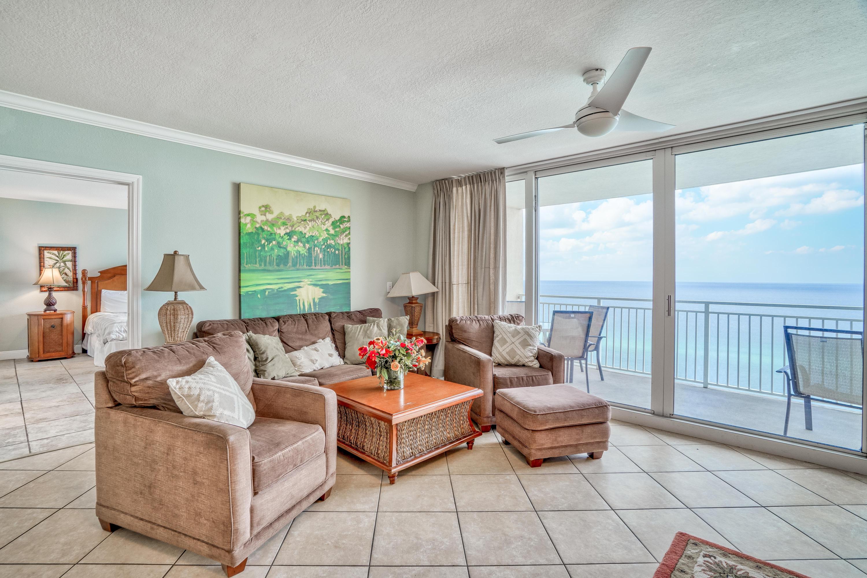 Emerald Beach Resort 1633 is one of the largest beach front 3 bedroom floor plans that you will find on the west end of Panama City Beach. This Gulf front 1780 SF condo offers 3 full bedrooms, hall bunks and a sleeper sofa sleeping 10 comfortably. Emerald Beach Resort 1633 features a beach front master bedroom with direct access to the balcony, a large master bathroom with a separate shower and a double vanity, granite countertops in the kitchen, stainless appliances, large bedrooms and no carpet through out the condo! Emerald Beach Resort is one of the cleanest, well built buildings on the beach! You will notice a difference between this building and others when you want in the door. Emerald Beach Resort is known for their amenities such as two swimming pools, tiki bar, Sky Bar, a huge