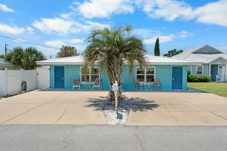 Welcome to 21927 Bataan Avenue, a charming and versatile duplex just 0.1 miles from the pristine Gulf waters on Panama City Beach's sought-after West End. Offering two self-contained one-bedroom, one-bath residences, each with 560 sq ft of thoughtfully designed living space, this property combines the relaxed feel of a coastal retreat with the income potential of a proven rental performer.Both units feature original terrazzo floors--a timeless, low-maintenance classic perfect for beach living--along with full kitchens, open living/dining areas, and pull-out sofas to accommodate up to four guests per side. The lock-out door between units adds valuable flexibility, allowing the property to be rented as two separate spaces or one larger home for extended families or groups. A shared laundry room provides added convenience, while parking for four vehicles ensures easy access for owners and guests alike.

The backyard is a true extension of the living space, offering a covered dining area that's ideal for shaded lunches, morning coffee, or relaxing evenings after a day in the sun. With a manageable lot size of 0.07 acres, upkeep is minimal leaving more time to enjoy the beach just moments away.

The West End location is one of this property's strongest assets. Known for its low-density, laid-back atmosphere, the neighborhood offers peace and privacy while still placing you within walking distance of multiple public beach accesses and the popular Sunnyside Grill. A short drive connects you to the boutique shops, dining, and events of Carillon Beach, Rosemary Beach, and Alys Beach destinations that keep guests coming back year after year.

Currently self-managed and generating solid returns, 21927 Bataan Avenue is ready to continue as an income-producing property or transition seamlessly into a personal beach retreat that pays for itself when you're away. Whether you envision hosting vacationers, gathering with friends and family, or holding a coastal asset with strong appreciation potential, this property delivers on location, flexibility, and charm.