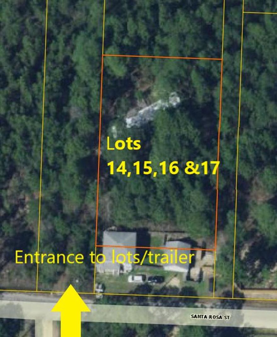A 4-lot parcel priced to sell in the fast-growing area of Santa Rosa Beach. Each lot is 50''x125''. Mobile home is being conveyed as is, where is. It is not habitable and has no value. Public utilities are available however there is a septic tank and shallow well on the property. Lots are within a mile to bay, boat ramp, park and a short drive to the beautiful beaches, Destin, 30A, Panama City Beach and all the amenities they offer. EXISTING DRIVEWAY TO THE PROPERTY IS LOCATED WHERE 3RD STREET WILL BE WHEN OPENED. BE CAUTIOUS if walking the lot as some of the outside structures are unstable and unsafe.