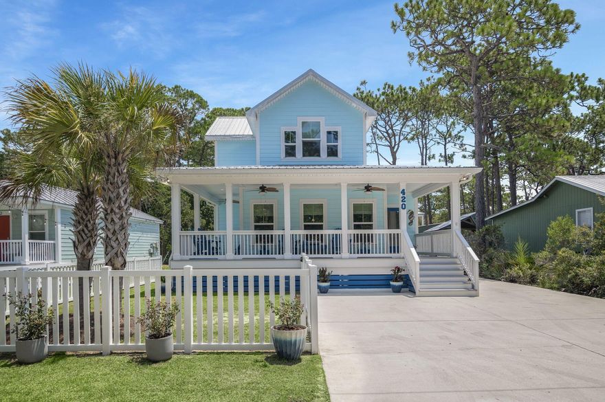 Welcome to 420 San Juan Avenue located in the desirable neighborhood of Gulf Shore Manor, in the heart of Seagrove. This well thought out floor plan has 3 bedrooms, 2 full bathrooms, and 1 half bathroom, along with a large wrap around porch out front, and a screened-in porch around back. This beach cottage is ideal to use as a primary residence, or could make an excellent rental property. Built in 2020, this well-constructed home sits on a 50x135 lot which has the potential to add a large swimming pool or a guesthouse, or both. There is currently a storage shed in the backyard that could easily be moved around. The long driveway provides ample parking to fit at least 3 cars in tandem along with another space out front. The fenced in front yard is ideal for anyone with pets.