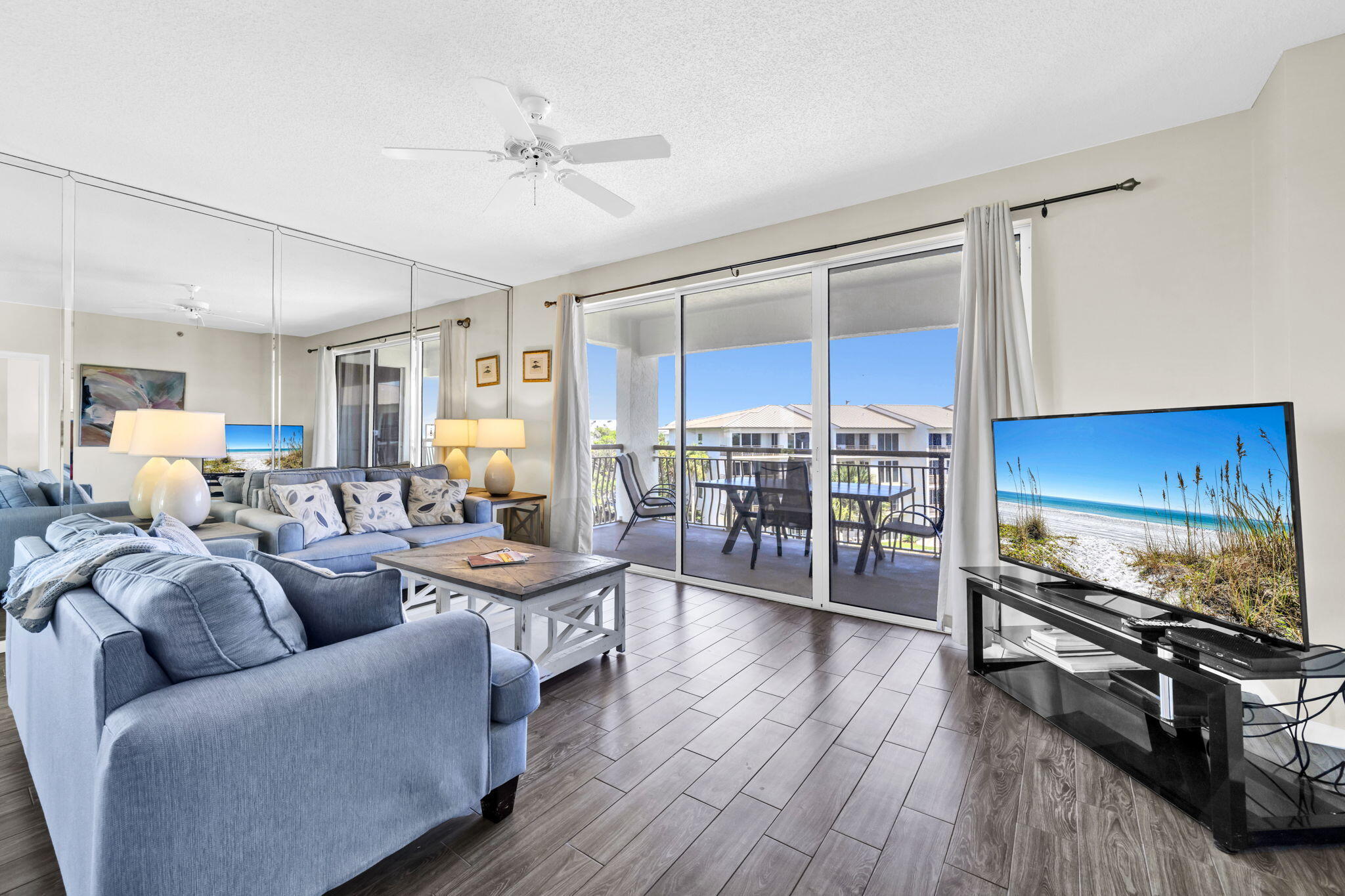 Welcome to unit 431, a beautifully laid out TOP floor CORNER location at the exclusive High Pointe Resort in Seacrest Beach. This 3-bedroom, 3-bath condo offers breathtaking panoramic views of the Gulf of Mexico and a prime position between Rosemary Beach and Alys Beach on scenic 30A. Step inside to find an open-concept living space with floor-to-ceiling windows, allowing natural light to pour in and highlight the tasteful coastal decor. The kitchen is equipped with white countertops, white appliances, and a spacious breakfast bar--perfect for entertaining. The primary suite features a king bed, private balcony access, and a spa-like ensuite with a walk-in shower. The second bedroom comfortably accommodates guests or family, with access to a full bath, and another PRIVATE balcony. Finally, the third bedroom features two queen beds and an ensuite bathroom with a shower/tub combo. High Pointe Resort offers resort-style amenities, including a lagoon-style pool with waterfalls, hot tub, tennis courts, seasonal beach service, and an on-site beachside restaurant, Crabby Steve's. Direct beach access and lush tropical landscaping make this gated community a true oasis. Whether you're looking for a serene vacation getaway, a high-performing rental, or a permanent residence on 30A, High Pointe 431 is a rare opportunity to own a slice of paradise.