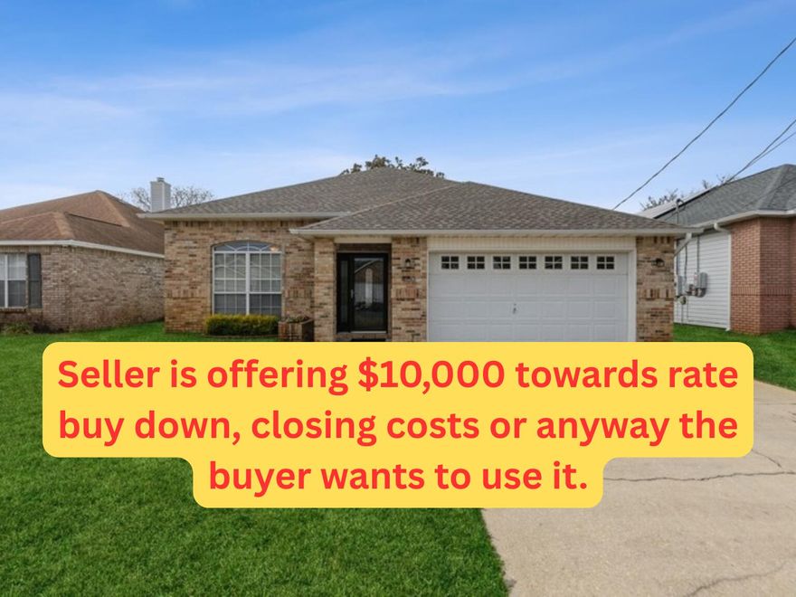 SELLER IS OFFERING $10,000 FOR RATE BUY DOWN OR CLOSING COSTS.  Welcome to this Spacious Move-In Ready 3-bedroom 2 bath home.  The beautiful kitchen has cherry wood cabinets, granite countertops, stainless steel appliances, a center island/breakfast bar and a pantry.  The open family room has peaked ceilings and a gas fireplace.  The master bedroom is split off from the other 2 bedrooms for privacy.  It features a beautiful trayed ceiling and a walk-in closet.  Stepping into the master bath you find double vanities, a large garden tub and separate shower.  The living spaces and the master bedroom has wood look porcelain plank flooring.  Out back you will find a covered patio and privacy fencing.Some key updates that you will appreciate include:  Roof 2021, HVAC 2020, Gas HWH 2024, Duc Cleaning 2025, New Privacy Fencing 2024, Sprinkler System 2020.

This home is located less than 2 miles from Hurlburt Field and just a quick drive to the beautiful beaches!