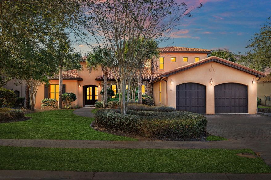 Experience the pinnacle of coastal elegance in this stunning Mediterranean estate located within the prestigious, Genoa enclave of the Sandestin Golf and Beach Resort. Situated on a private cul-de-sac, 1624 San Giovanni Drive offers breathtaking panoramic views of the Baytowne Golf Course and a tranquil community pond. The thoughtfully designed interior features soaring 10-foot ceilings, crown molding, and premium travertine flooring that leads to a gourmet kitchen equipped with professional-grade appliances and granite countertops. The first-floor primary suite serves as a serene retreat, while the massive, screened-in lanai creates an outdoor oasis complete with a heated pool, and a summer kitchen--perfect for entertaining against a backdrop of lush fairways. Beyond the home, a dedicated golf cart garage provides easy access to Sandestin's world-class amenities, including private sugar-white beaches, four championship golf courses, the tennis center, and the vibrant dining and shopping at The Village of Baytowne Wharf and Grand Boulevard.