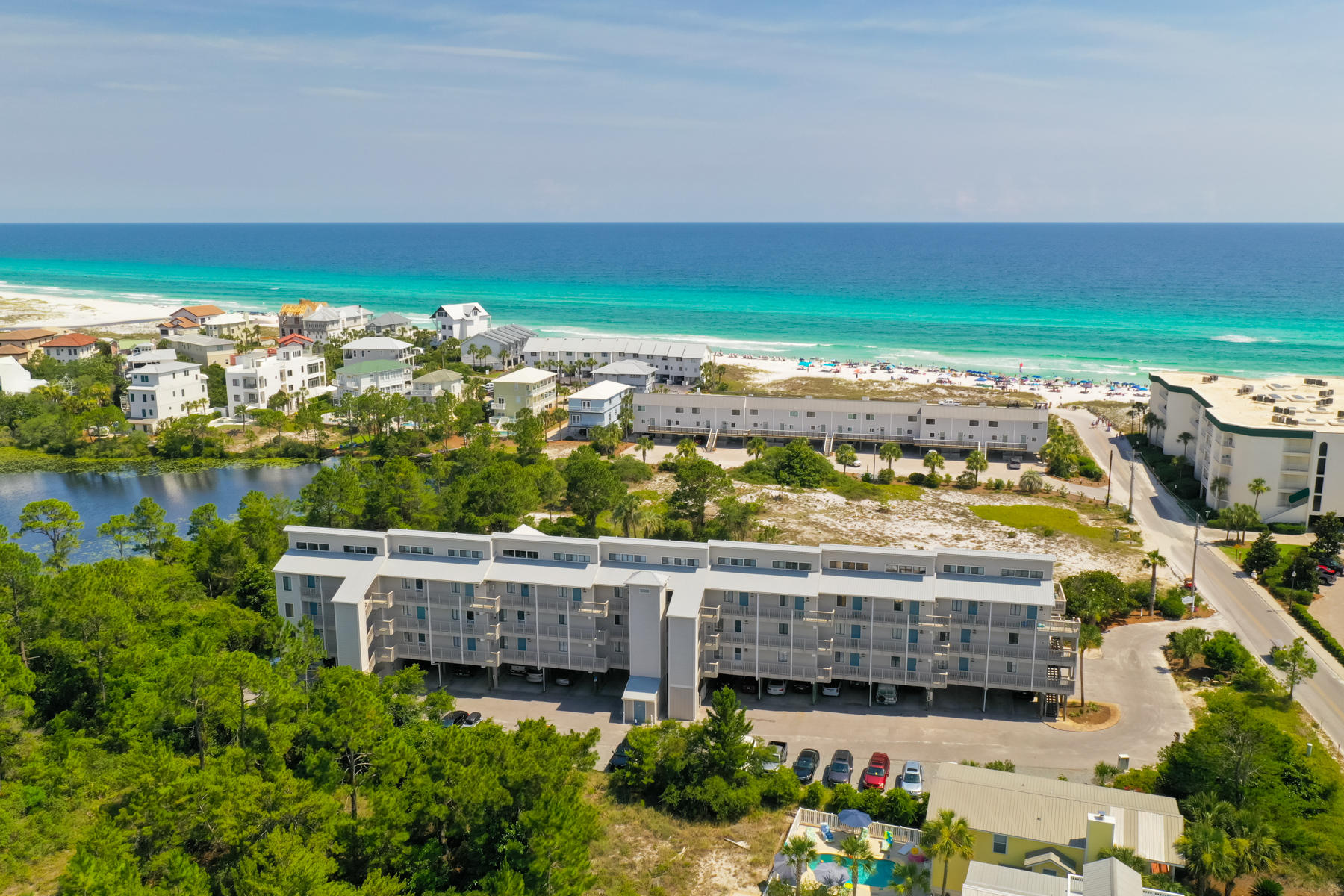 This spacious two story top floor unit offers Gulf views with very convenient beach access, all south of County Highway 30A. Upon entering this light-filled unit, you will be amazed with a 20 foot vaulted ceiling, full balcony, stainless steel appliances, granite countertops in the kitchen and light-colored laminate flooring for easy upkeep and maintenance. This condominium is being offered fully furnished and turn-key ready, this unit is already on a rental program and ready to continue as a prime rental opportunity. The Beachfront II complex has been freshly painted, newly landscaped and a completely refurbished pool and outdoor pavilion area for owners and guests to enjoy. Call today to see this rare top floor unit!