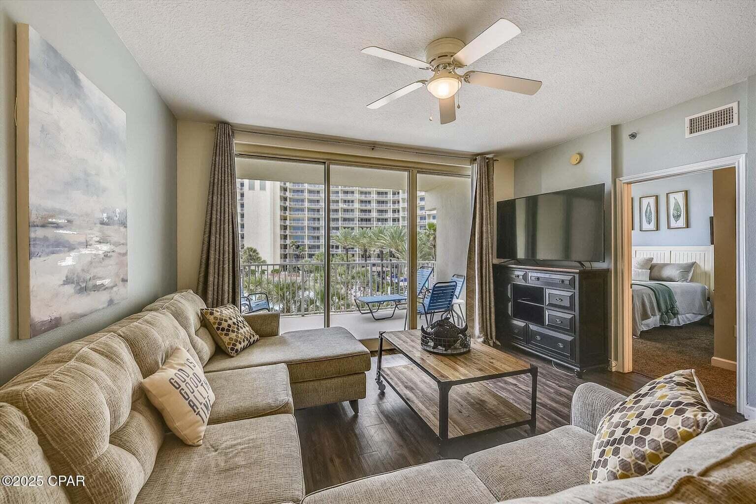 Fully furnished 3BR/3BA Gulf-front condo at Shores of Panama! This spacious unit features 1,525 sqft, a custom bunk room, and the largest 3BR floor plan in the complex. Located on a lower floor for easy access--no long elevator waits. The Gulf-facing master suite offers stunning views. Enjoy granite countertops, stainless appliances, and an open living space perfect for relaxing or entertaining. Resort-style amenities include a lagoon pool, indoor pool, spa, tiki bar, gym, and direct beach access. Perfect as a vacation home or investment!