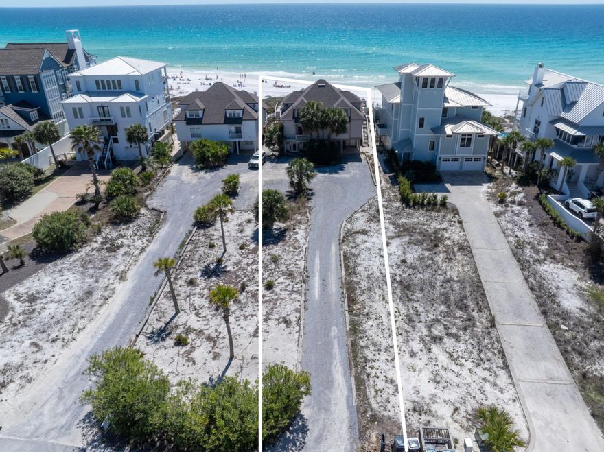 Gulf-front duplex on two parcels totaling 60' of Gulf frontage and ~500' of depth across from Eastern Lake, offering coastal dune lake views as well. Combined 6 beds / 6.5 baths across 4,583+/- heated SF, built 1984. Inverted floor plan: second floor features open living area, updated kitchen, and primary suite; large covered porch leads to the beach via boardwalk. Ground floor offers a second living area, bedroom, full bath, and laundry. Third floor has two additional bedrooms with renovated en suite baths. Each unit includes outdoor shower. New roof 2021. Eastern Lake access steps away; boat ramp ~1 mile south of 30A.