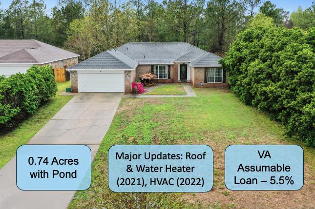 New Price - Now Under $360K! Seller offering $5,000 toward closing costs or rate buy-down with acceptable offer. Take advantage of this rare VA assumable loan at 5.563% APR and save big on your monthly payment. Bring your offer - motivated sellers!
Dock-ready setup already in place with existing pilings - bring your vision and build your perfect backyard retreat overlooking the private pond.
Peaceful Cul-de-Sac Living with a Private Pond in South Crestview!
Welcome to this spacious and beautifully maintained ranch-style home, perfectly situated on a quiet cul-de-sac in desirable South Crestview. Boasting 4 generous bedrooms and a thoughtfully designed split floor plan, this home offers both comfort and functionality for modern living.
Enjoy the tranquility of your own private pond on a large 0.74-acre lot a rare find and a perfect spot to unwind. The open-concept living area is ideal for entertaining, while the kitchen features stainless steel appliances and plenty of space to gather.
The spacious primary suite includes his and hers walk-in closets, offering ample storage and a sense of luxury. Major updates bring peace of mind, including a NEW ROOF (2021), NEW water heater (2021), and a NEW HVAC system (2022).
Conveniently located just a short drive from Eglin AFB, Duke Field, and top-rated schools, with the sugar-white beaches of the Emerald Coast only 35 minutes away.
(All measurements are deemed accurate but should be verified by the buyer.)