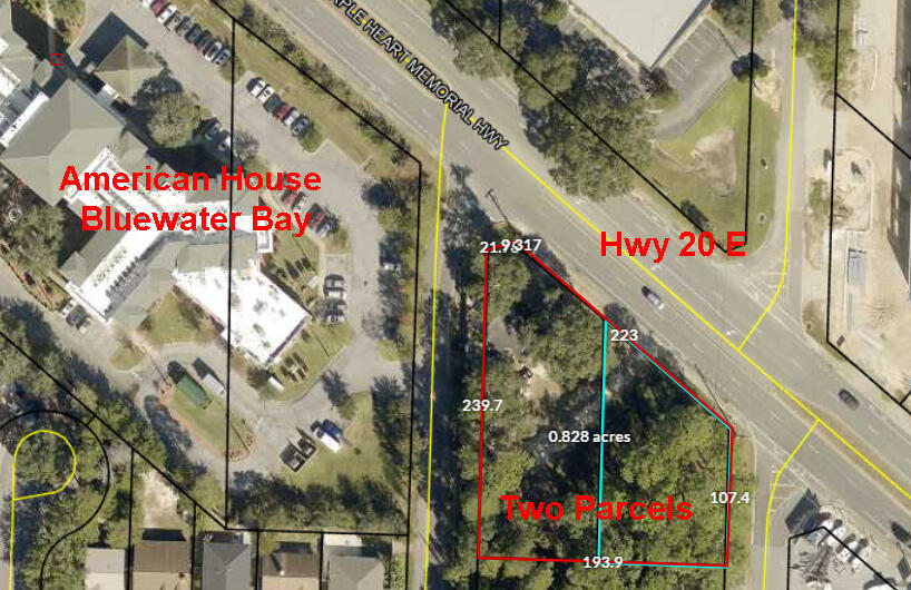 This is prime commercial real estate in the heart of Niceville. It is approximately 2 miles away from the Mid-Bay bridge and only half a mile from the main entrance to Blue Water Bay. The resort town of Destin is just over the bridge, about 5 miles away. There are TWO LOTS being sold together. These are 4600 and 4602 Hwy 20 E, in Niceville. There is a house on the property that the owners consider to be of no value. Buyer must verify all information and suitability to intended use. According to the Okaloosa Zoning Map, the property is zoned C-3. This allows for most commercial applications.