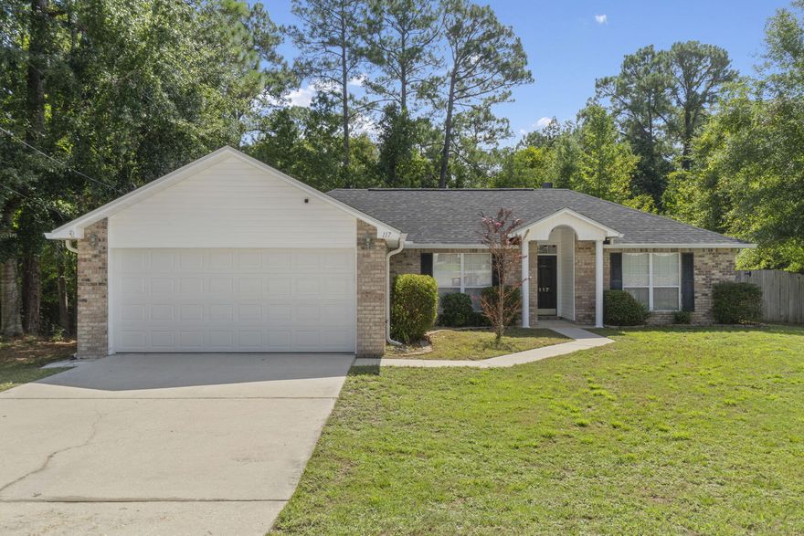 Welcome to this move-in-ready 3 bedroom, 2 bathroom, split floor plan home. Nestled in a quiet cul de sac in the Riverchase subdivision - conveniently located in South Crestview - PERFECT for anyone with a commute to Duke Field or Eglin AFB. Featuring fresh interior paint, new LVP flooring, and a 2024 roof for added peace of mind. At the heart of the home are the dining room and the kitchen - with granite countertops, breakfast bar, large tub sink, stainless steel Samsung appliances, and a pantry. An interior door to the 2 car garage with newer 2023 garage door is just off of the kitchen. The large primary bedroom with ensuite features a double vanity and a fantastic walk-in closet with organization system. Just off the living room by the fireplace are french doors leading to the backyard. The additional 2 bedrooms and full bathroom are on the right side of the home. Schedule your showing today and check it out for yourself!