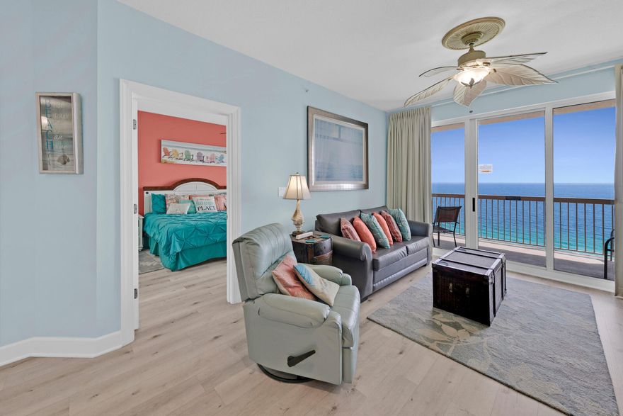Best of the best in Sunrise Beach! Completely upgraded to suite the owner's discerning taste! An absolute must see! Arguably one of the most favored floorplans in PCB. Sunrise Beach unit 2106 is the beach getaway that you have been dreaming of! It also has a PRIME upper floor location in the deluxe 25-story Gulf front complex. This ultra-clean, premium condominium features a Gulf front master suite, a large bunk room, 2 full baths. It lives and rents like a 2 bedroom and sleeps 7. Excellent rental potential! The property lives large with an open floorplan and 9' ceilings and the three panel sliding glass doors allow for fabulous Gulf and sunset views from the balcony, living room, dining room, kitchen, & master suite providing the ultimate alfresco living and entertaining environment!