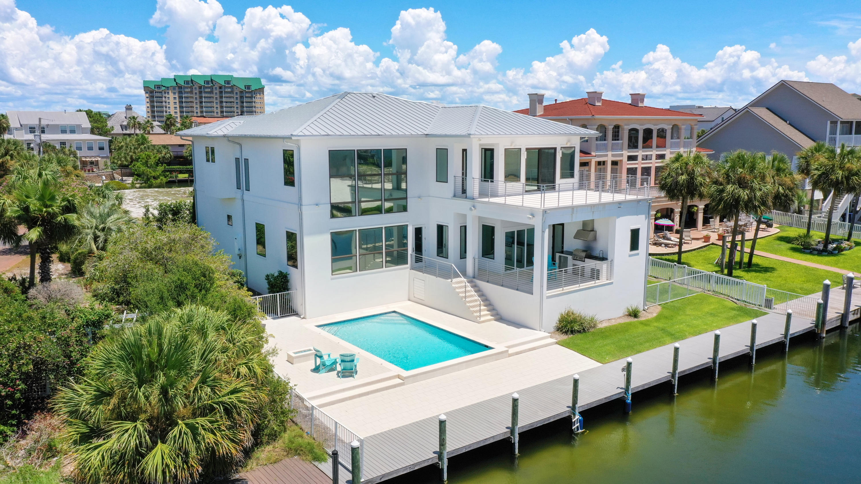 This stunning waterfront home is located on Holiday Isle in the heart of Destin. Done in a contemporary style you'll find neutral tones along with premium features including an incredible chef's kitchen, expansive windows, quartz countertops, polished concrete and hardwood flooring, a hidden pantry, and so much more. The summer kitchen, fabulous pool area, and 90 foot dock provide the ultimate in outdoor living. The master suite is incredibly spacious and glass sliders lead to the large second floor balcony. The master bath features a garden tub, separate shower with dual rainfall shower heads, and two walk-in closets. With multiple guest suites and additional rooms - this home is made to be enjoyed by many! You're just a walk or bike ride away from the beautiful beaches here in paradise!