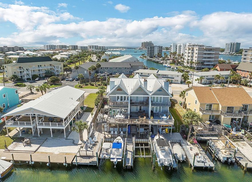 WATERFRONT. on Holiday Isle! Townhome located on a canal just off Destin Harbor with a boat slip to accommodate up to a 50' boat! This diamond in the rough is waiting for your finishing touches.  Ample room for hosting your soirees with three waterfront back deck areas.  The views are abounding from every location from the back of this property and a peek-a-boo Gulf View from the Master balcony.  Convenient first floor separate lockout apartment equipped with a kitchen and full bath for guests who require privacy. There are 2 community deeded and gated beach accesses and 2 public beach accesses on Holiday Isle Unbeatable location with quick boat access to the Gulf of Mexico, Destin Harbor and Crab Island. The water taxi can pick you up from your dock to drop you anywhere on the Harbor Buyer to verify dimensions.